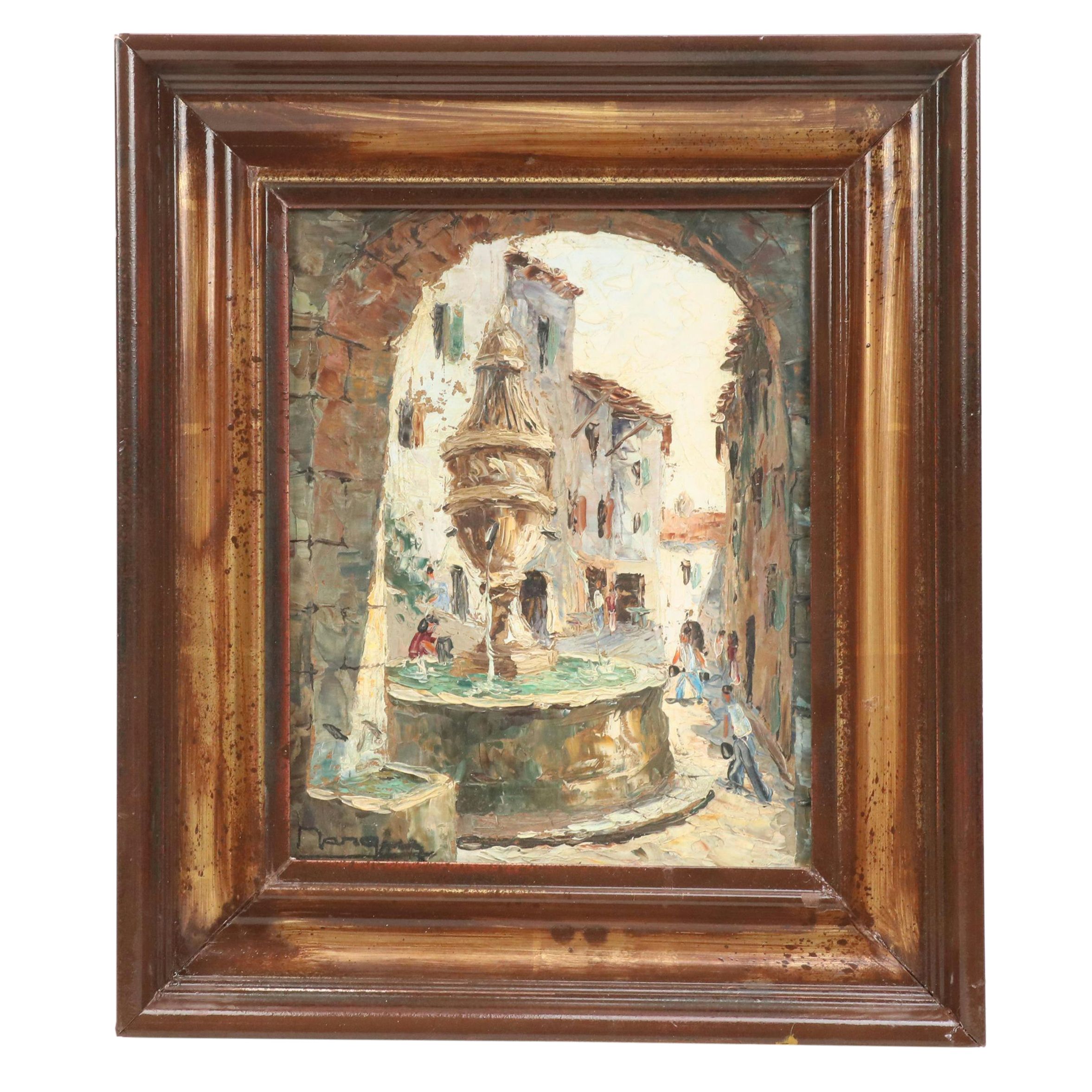 Henri Edouard Bargin Impasto Oil Painting "Vue de Fontaine," Mid to Late 20th C.