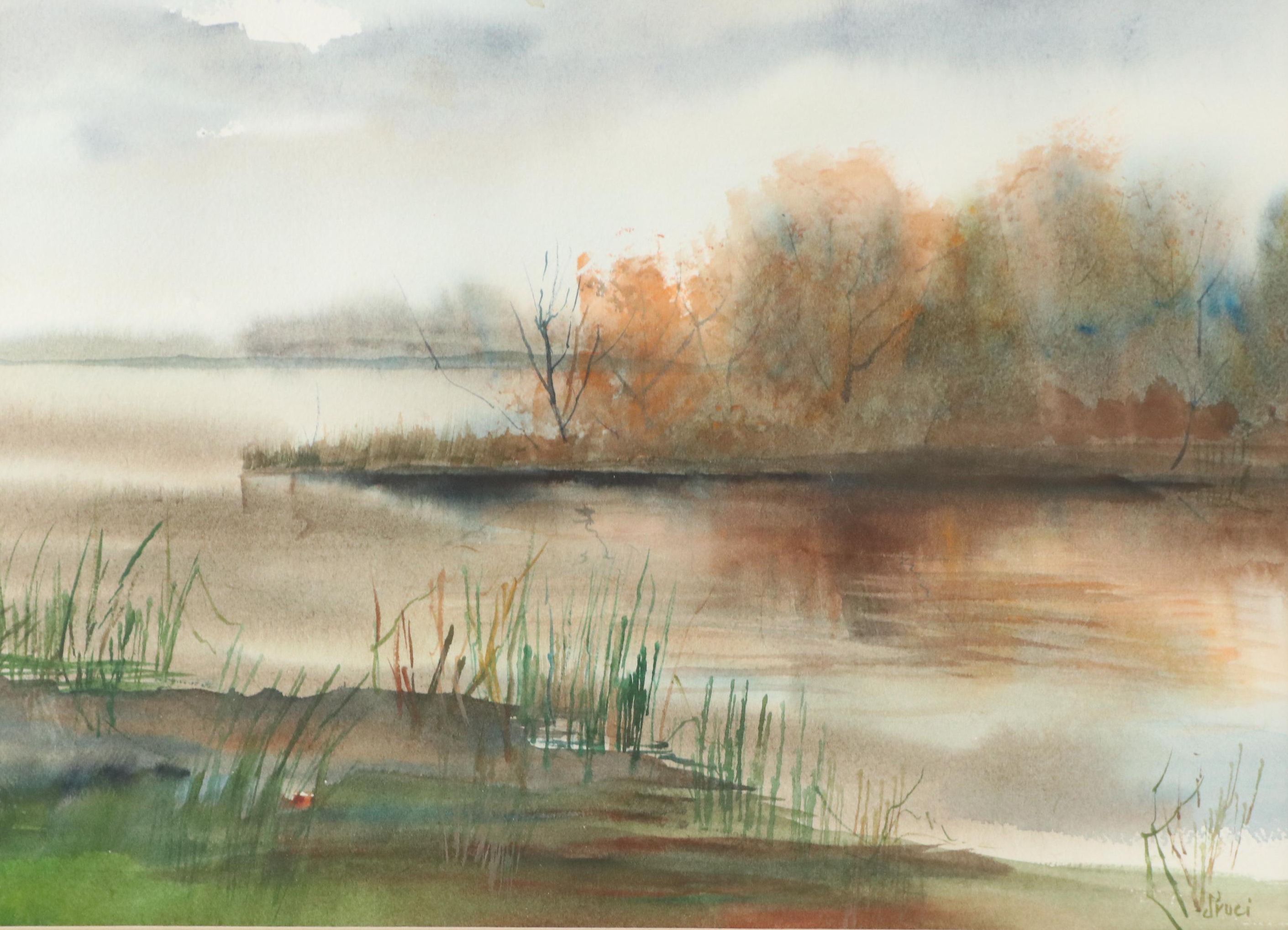 Druci Gault Autumn Lake Landscape Watercolor Painting