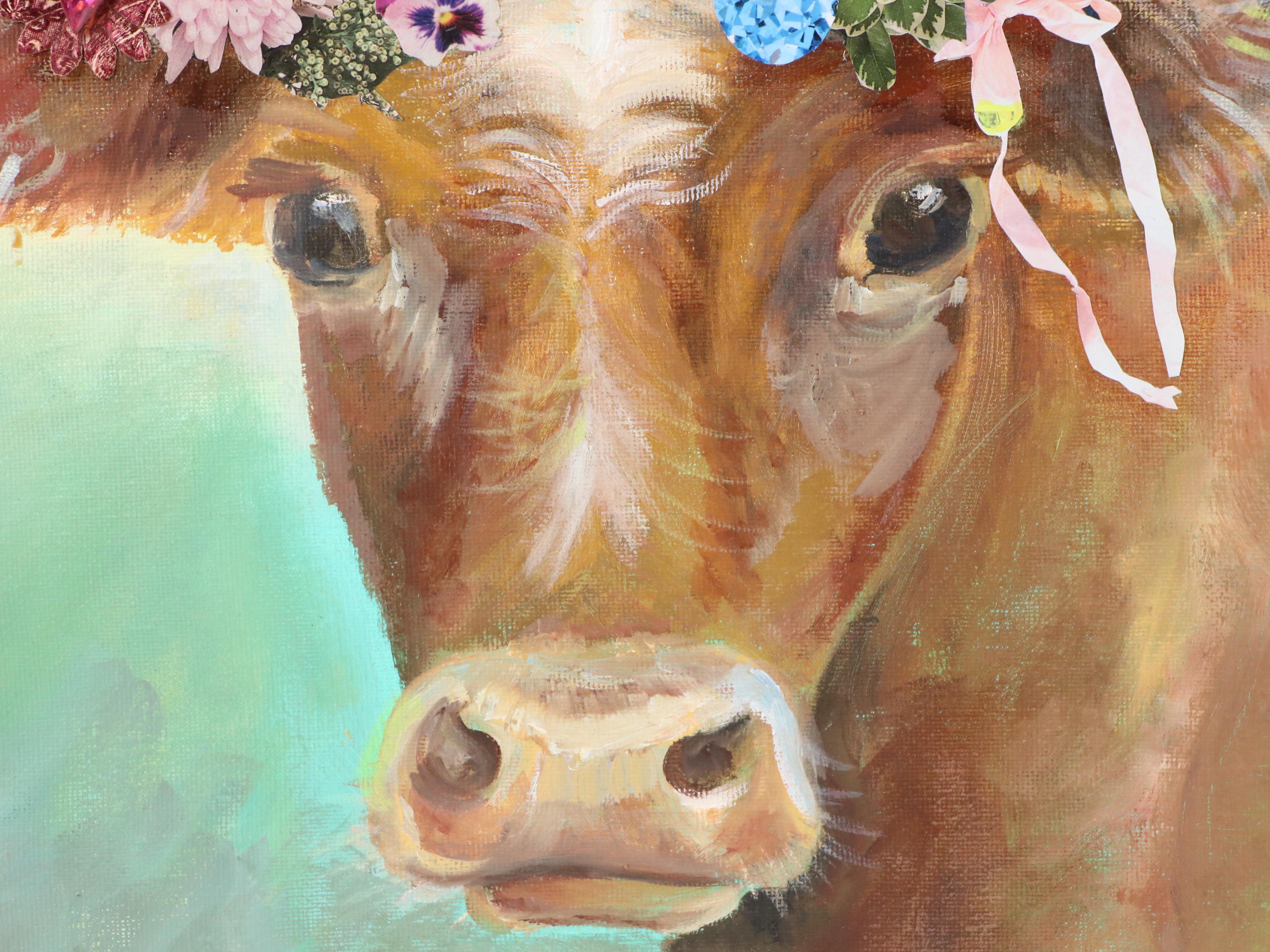 N. Langhans Cow Portrait Mixed Media Acrylic Painting "Beulah," 2019