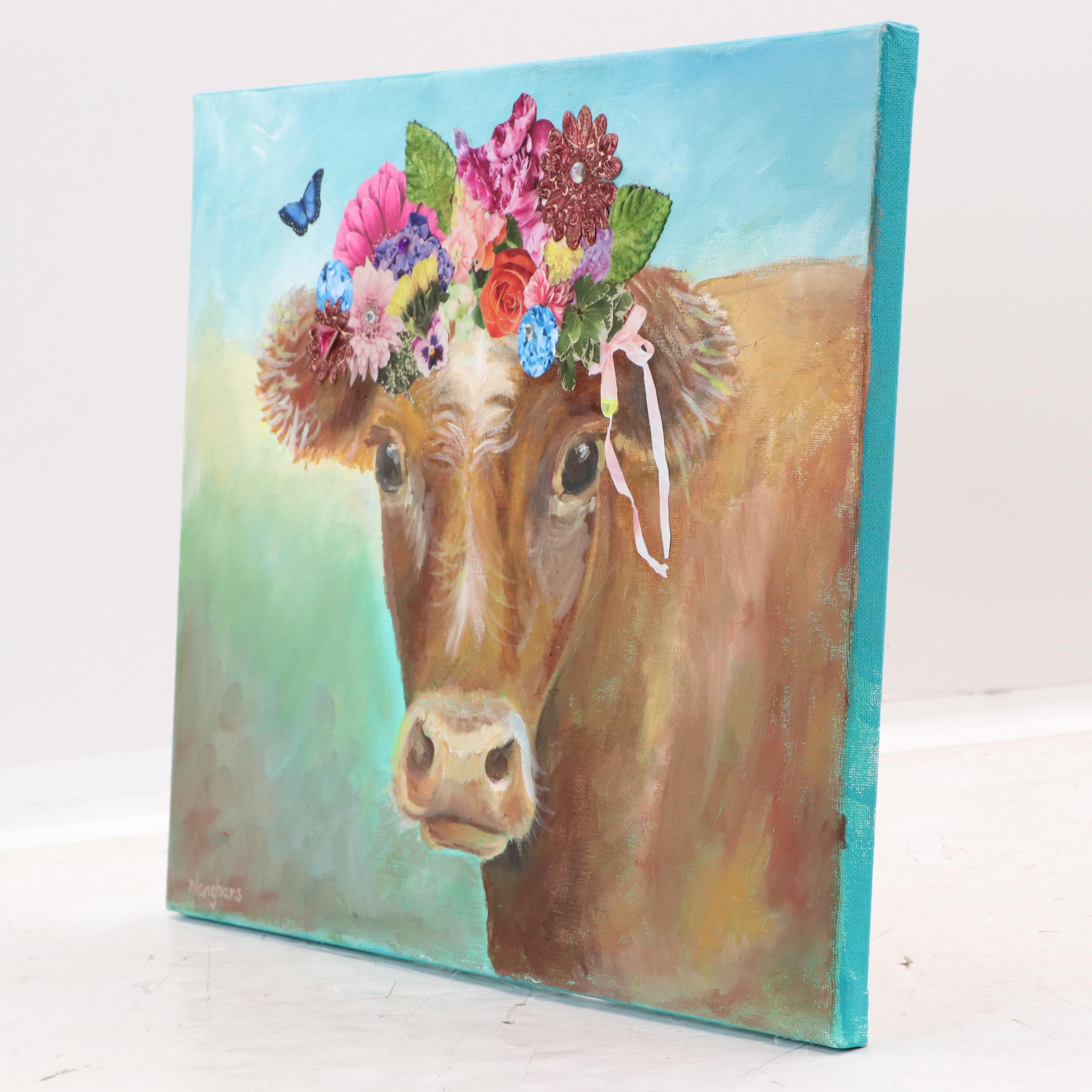 N. Langhans Cow Portrait Mixed Media Acrylic Painting "Beulah," 2019