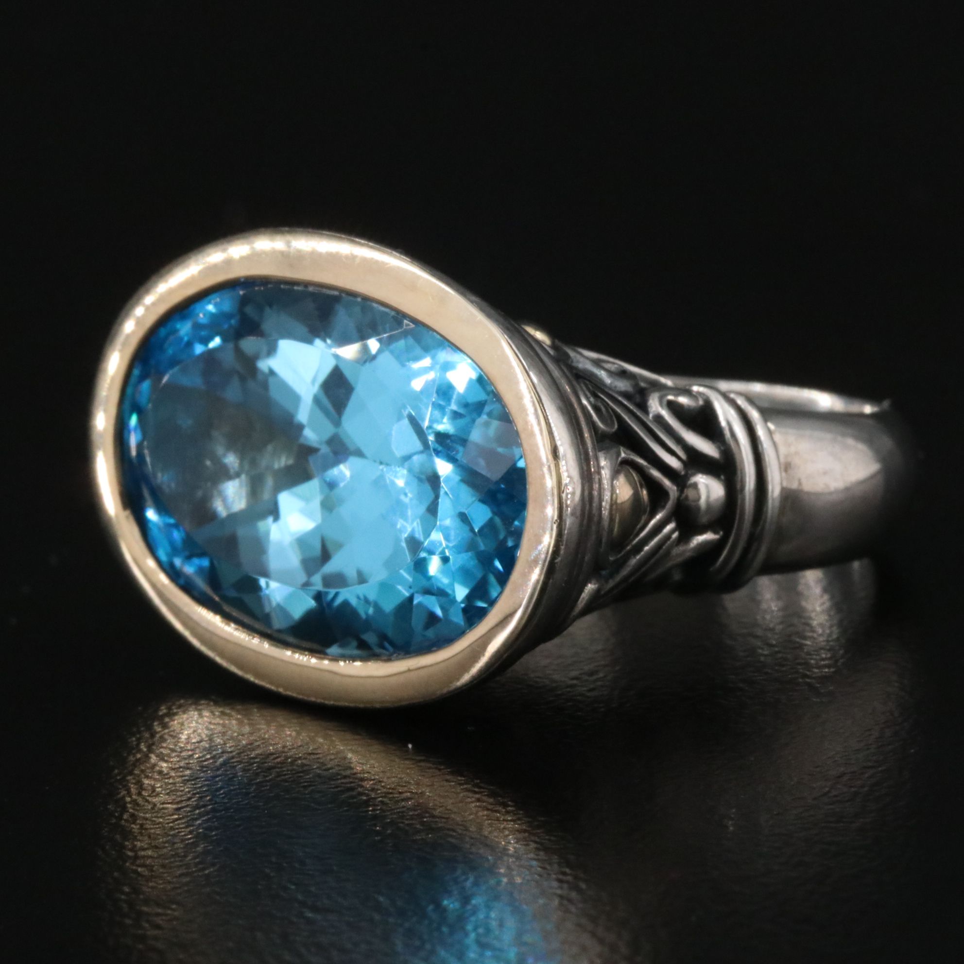 John Hardy Batu Sari Sterling and 18K Blue Topaz Ring