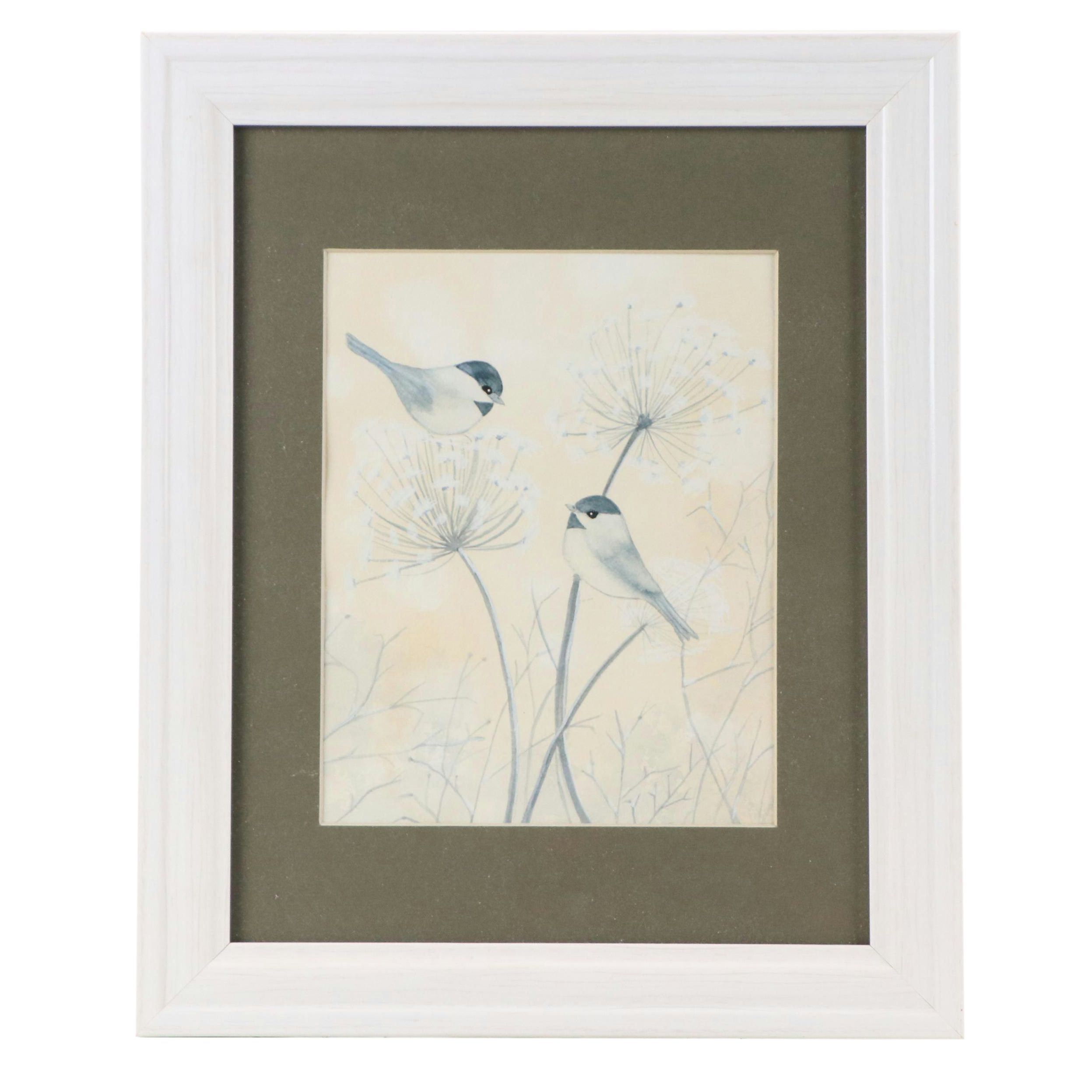 Watercolor Painting of Chickadees and Flowers