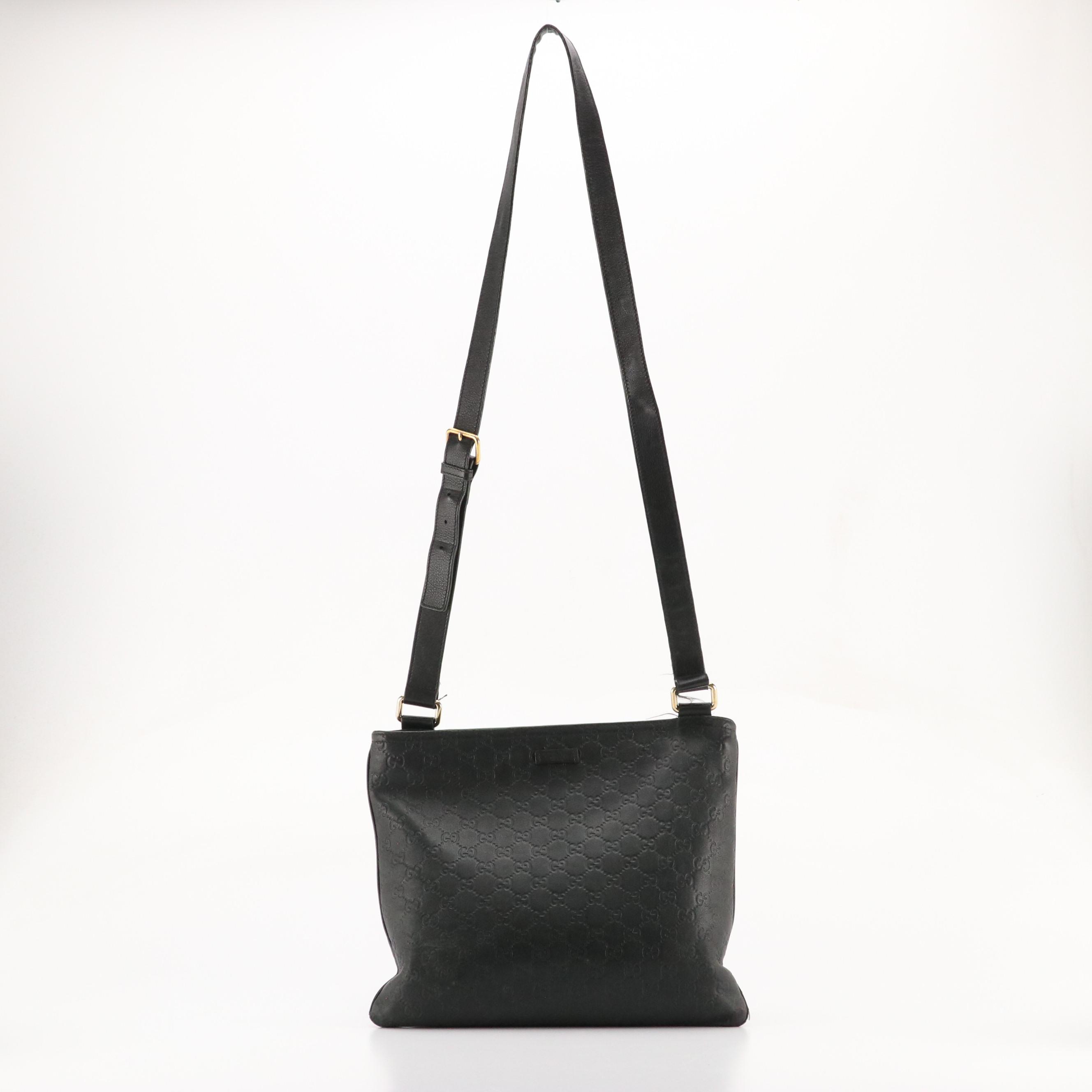 Gucci Zippered Crossbody Messenger Bag in Black Guccissima Calfskin Leather