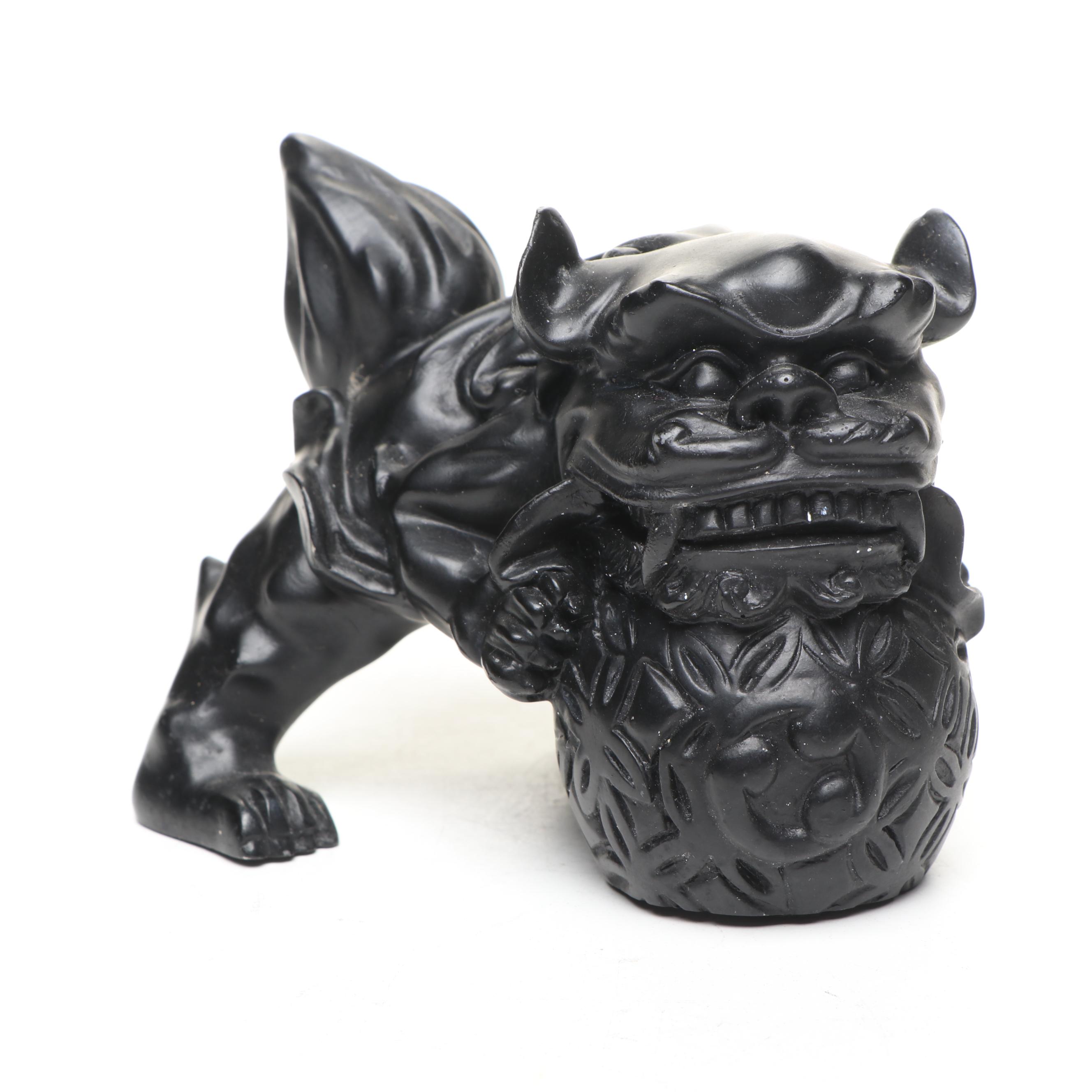 Brass Qilin on Coins, with Verdigris Qilin and Black Resin Guardian Lion