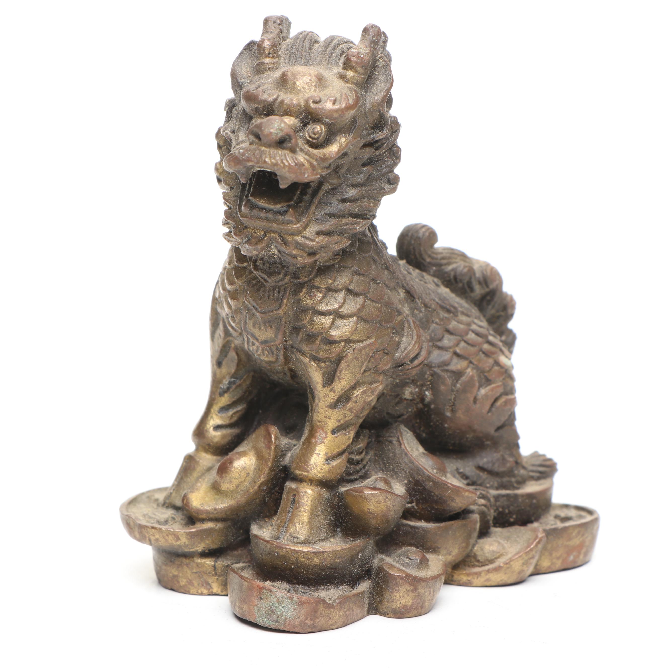 Brass Qilin on Coins, with Verdigris Qilin and Black Resin Guardian Lion