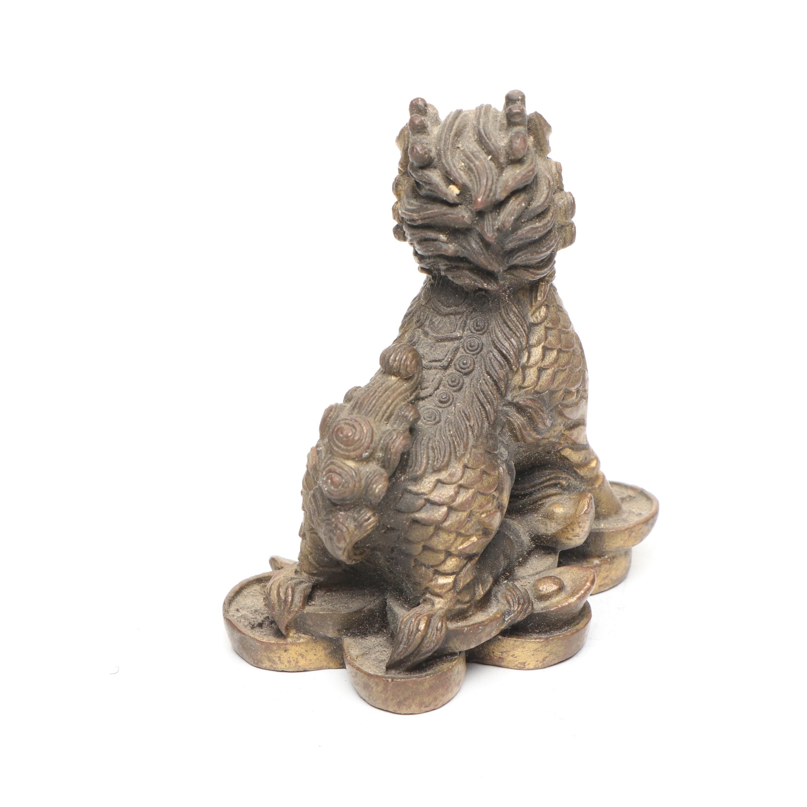 Brass Qilin on Coins, with Verdigris Qilin and Black Resin Guardian Lion
