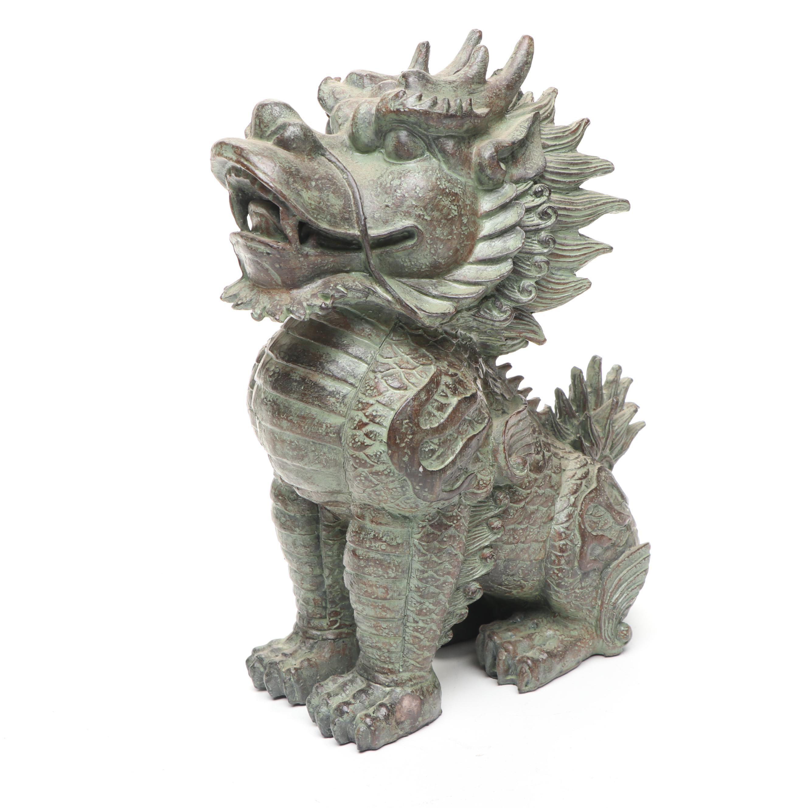 Brass Qilin on Coins, with Verdigris Qilin and Black Resin Guardian Lion