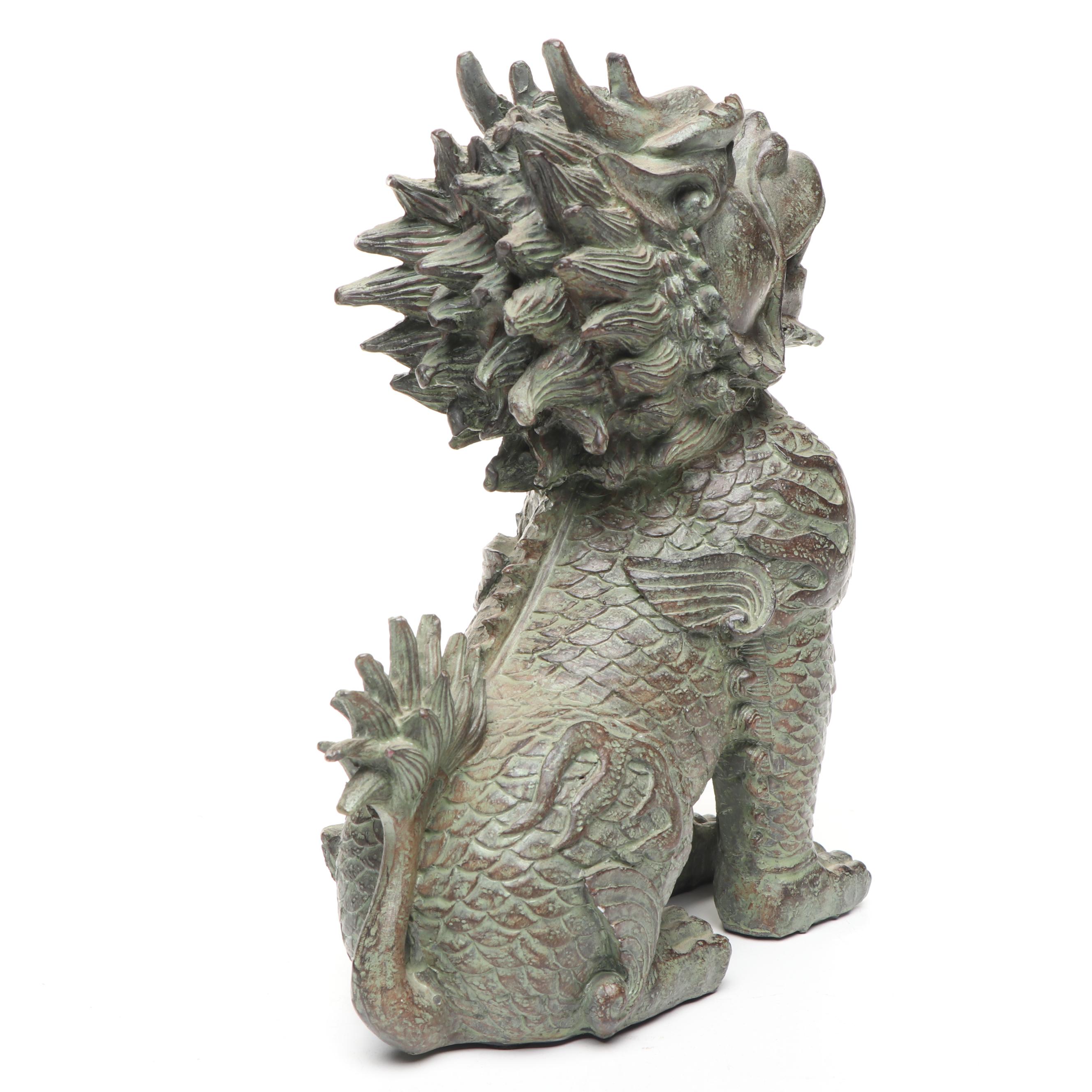 Brass Qilin on Coins, with Verdigris Qilin and Black Resin Guardian Lion