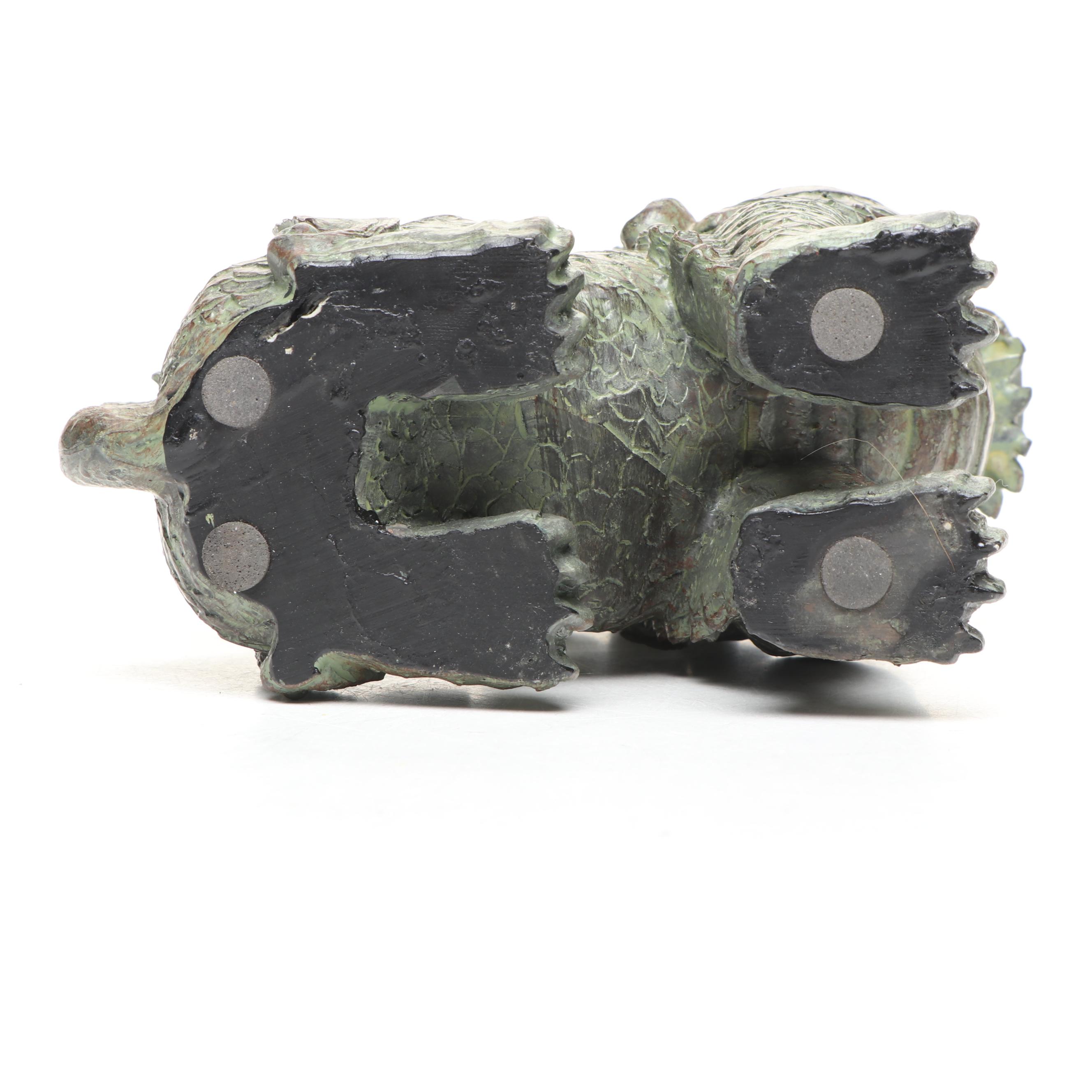 Brass Qilin on Coins, with Verdigris Qilin and Black Resin Guardian Lion