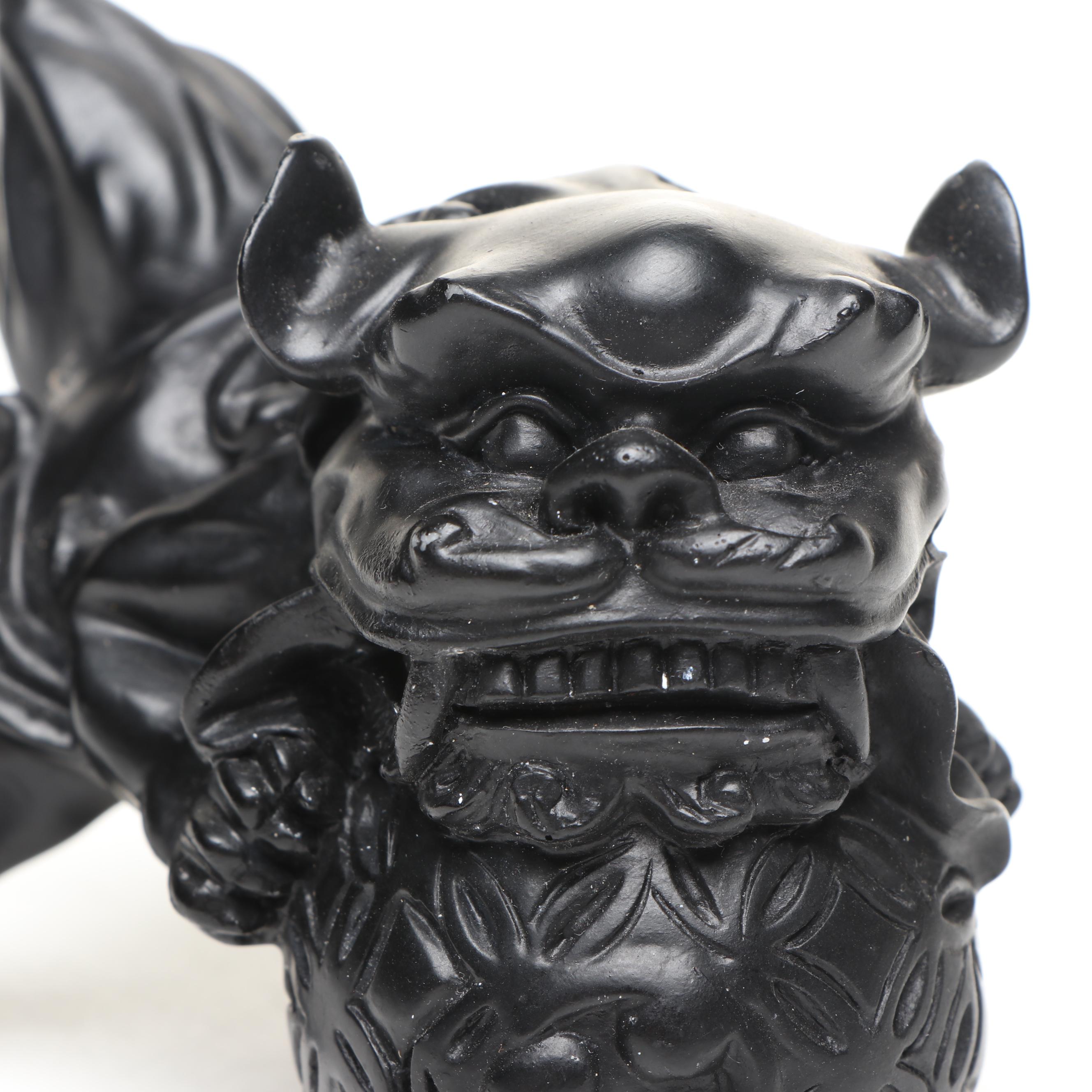 Brass Qilin on Coins, with Verdigris Qilin and Black Resin Guardian Lion