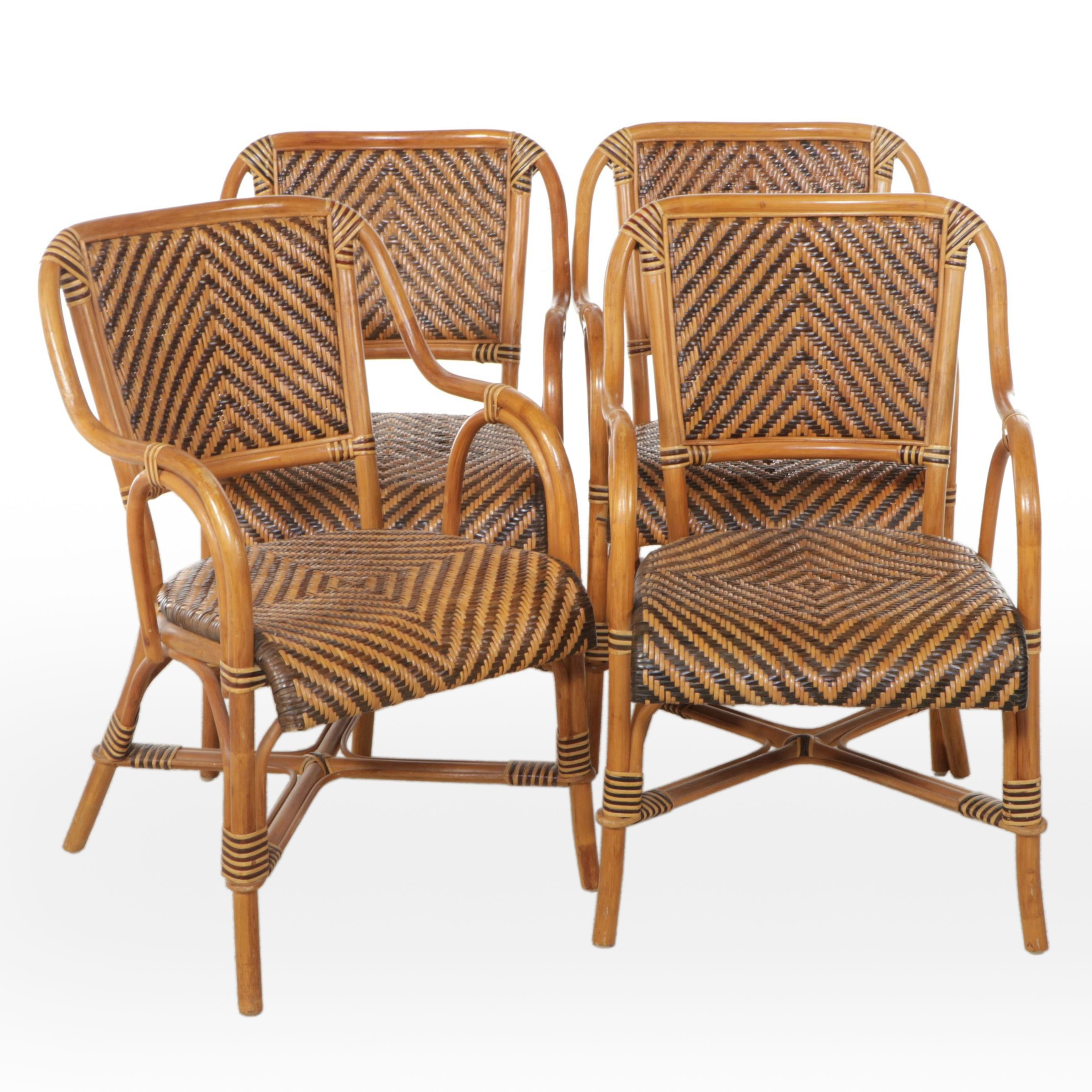 Set of Four Wicker and Bent Wood Armchairs