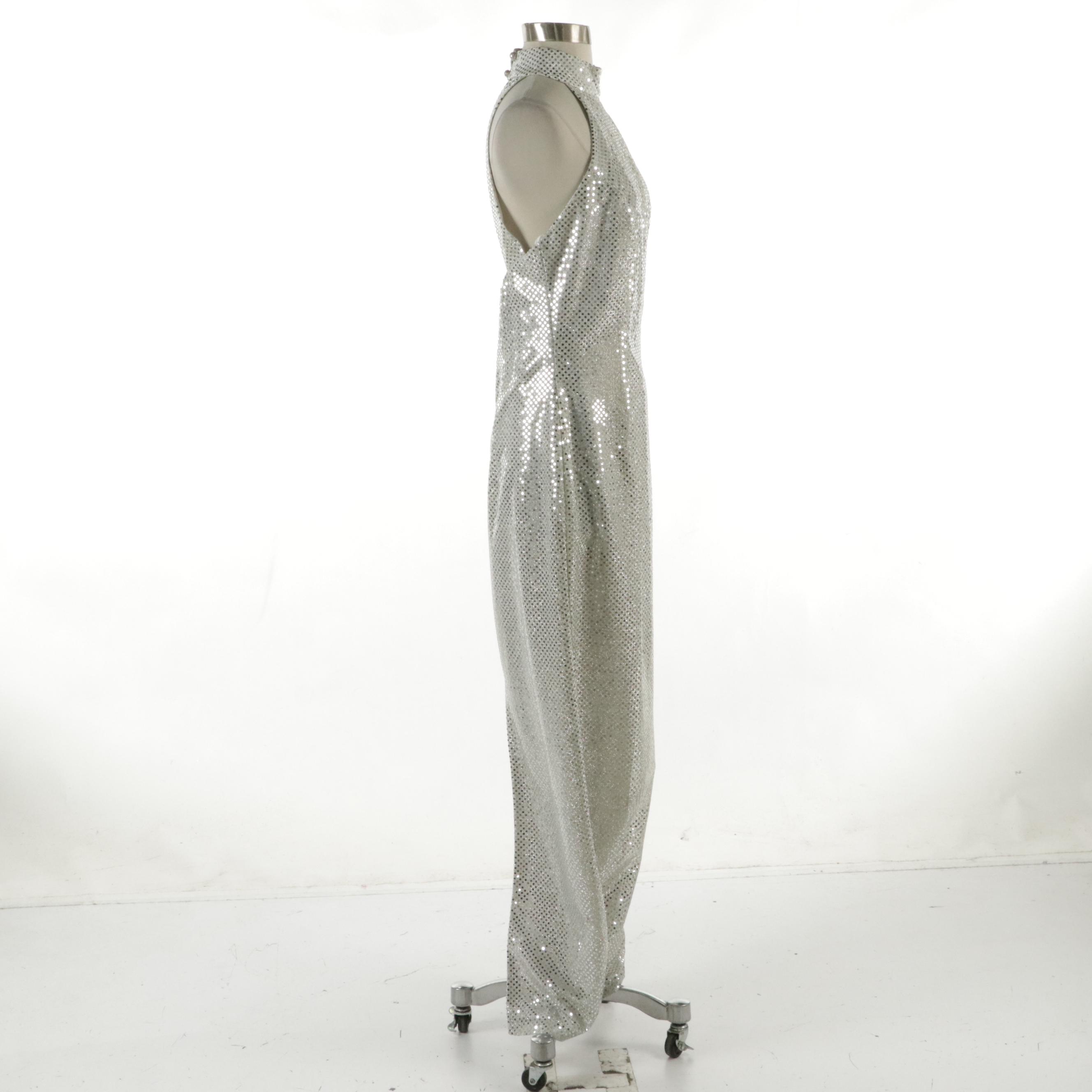 Roberta Silver Metallic Sequined Halter Dress with Back Split Hemline