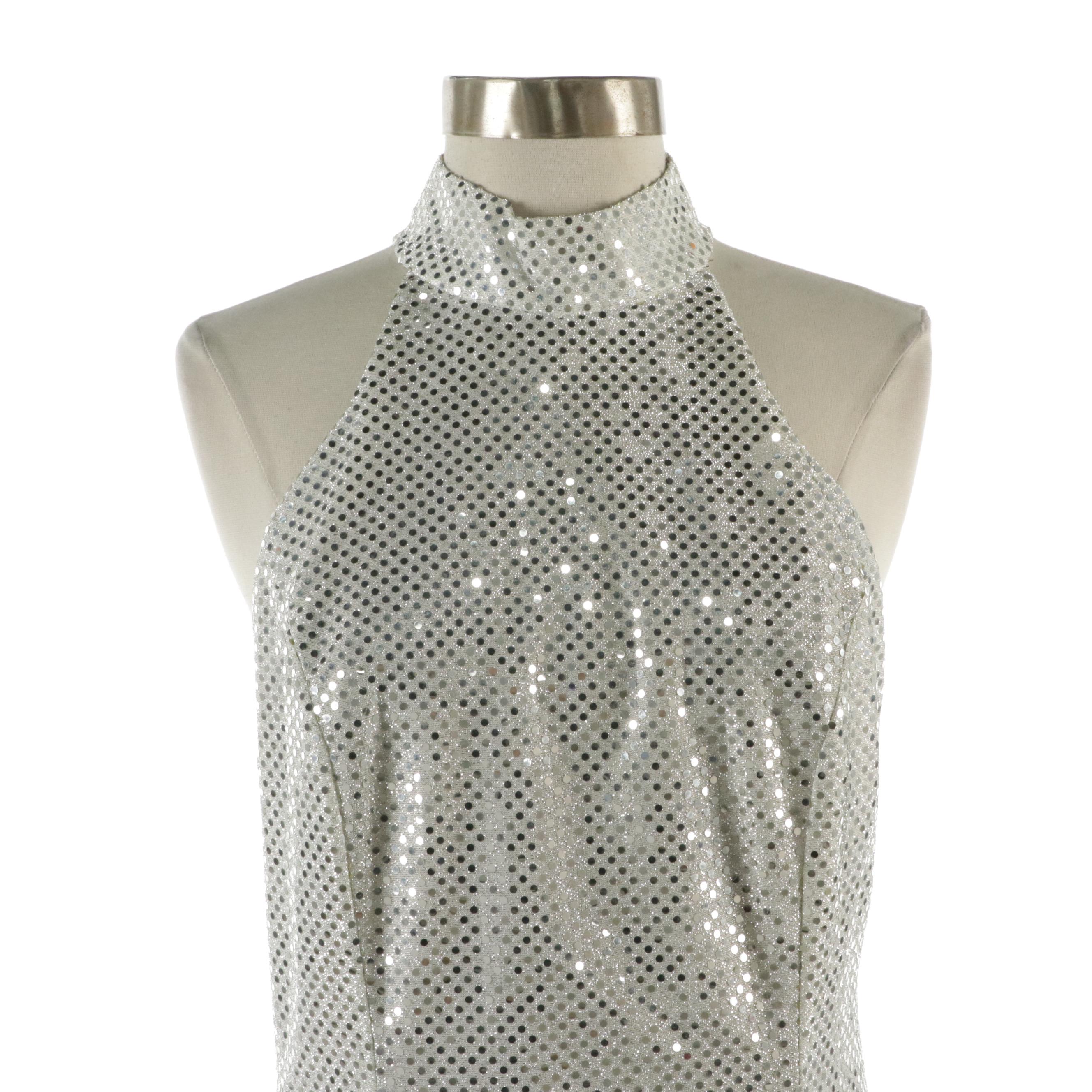 Roberta Silver Metallic Sequined Halter Dress with Back Split Hemline