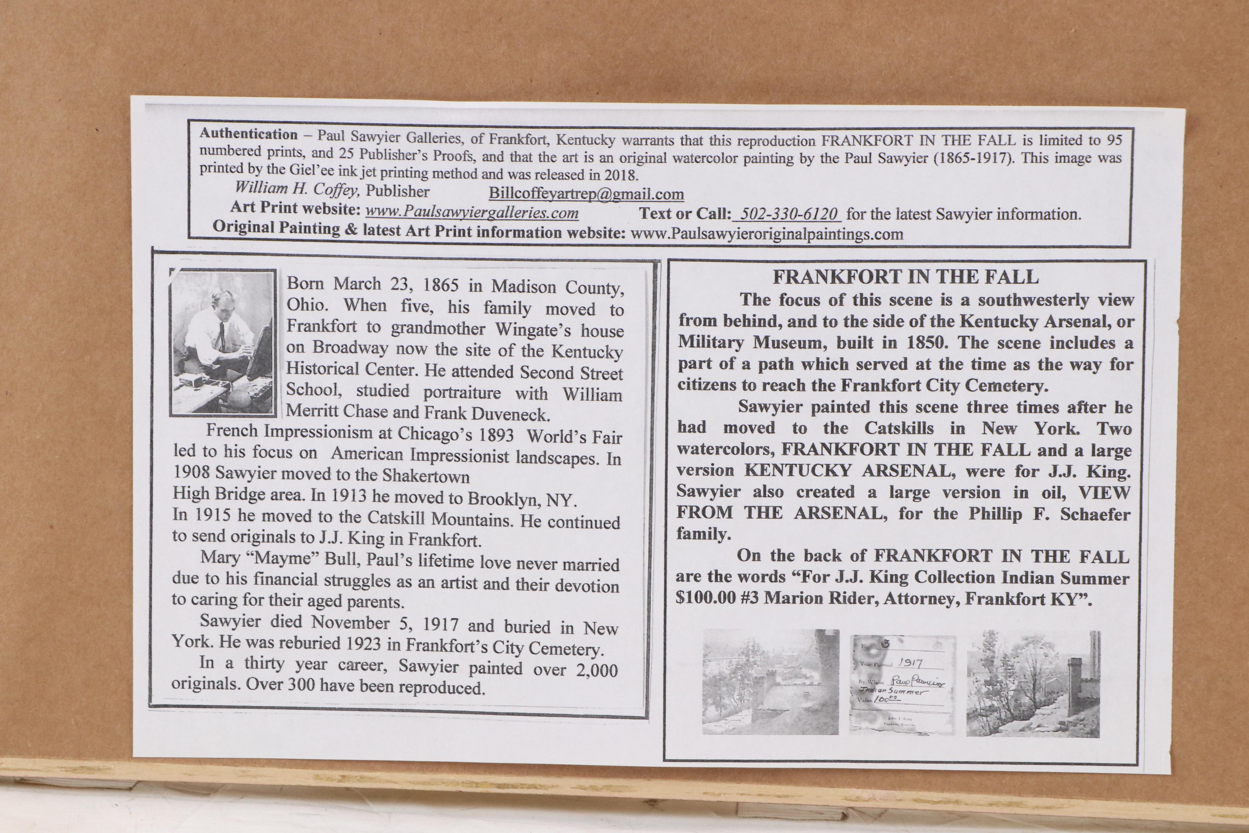 After Paul Sawyier Landscape Giclée "Frankfort in the Fall"