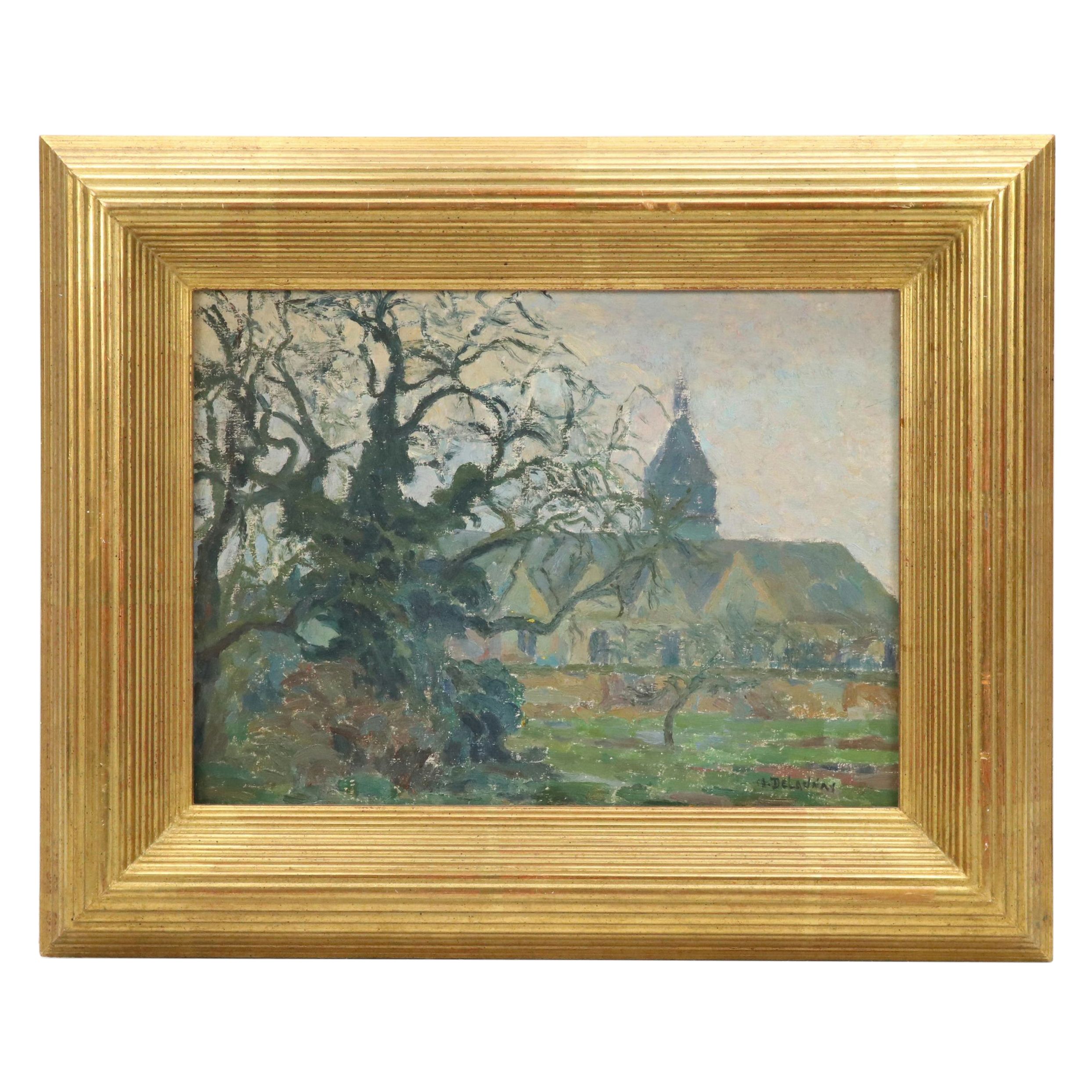 Marcel Delaunay Impressionist Landscape Oil Painting with Church, Early 20th C.