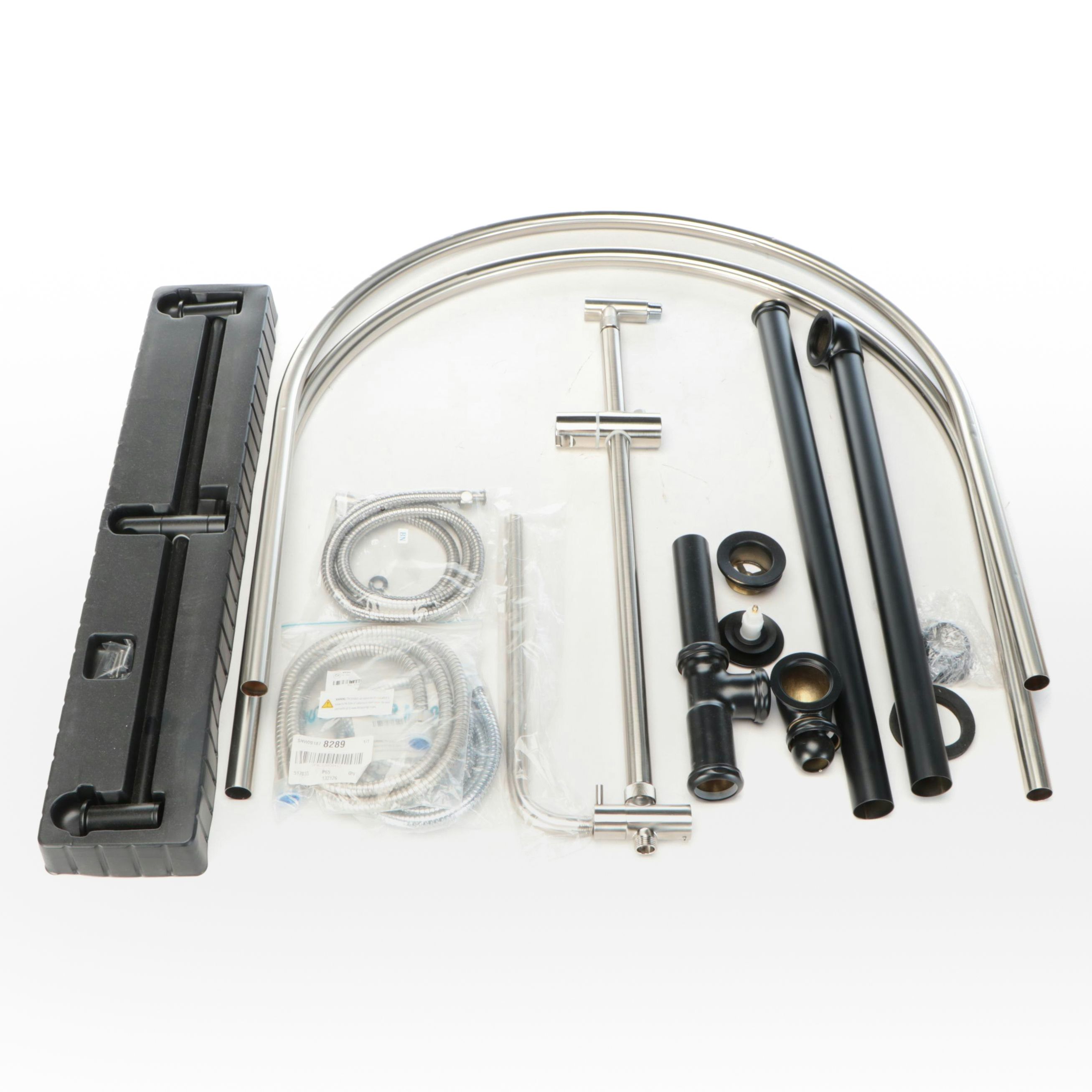 Satin Nickel Oval Shower Curtain Rod, Hand Hoses, Matte Black Tub Pipes, More