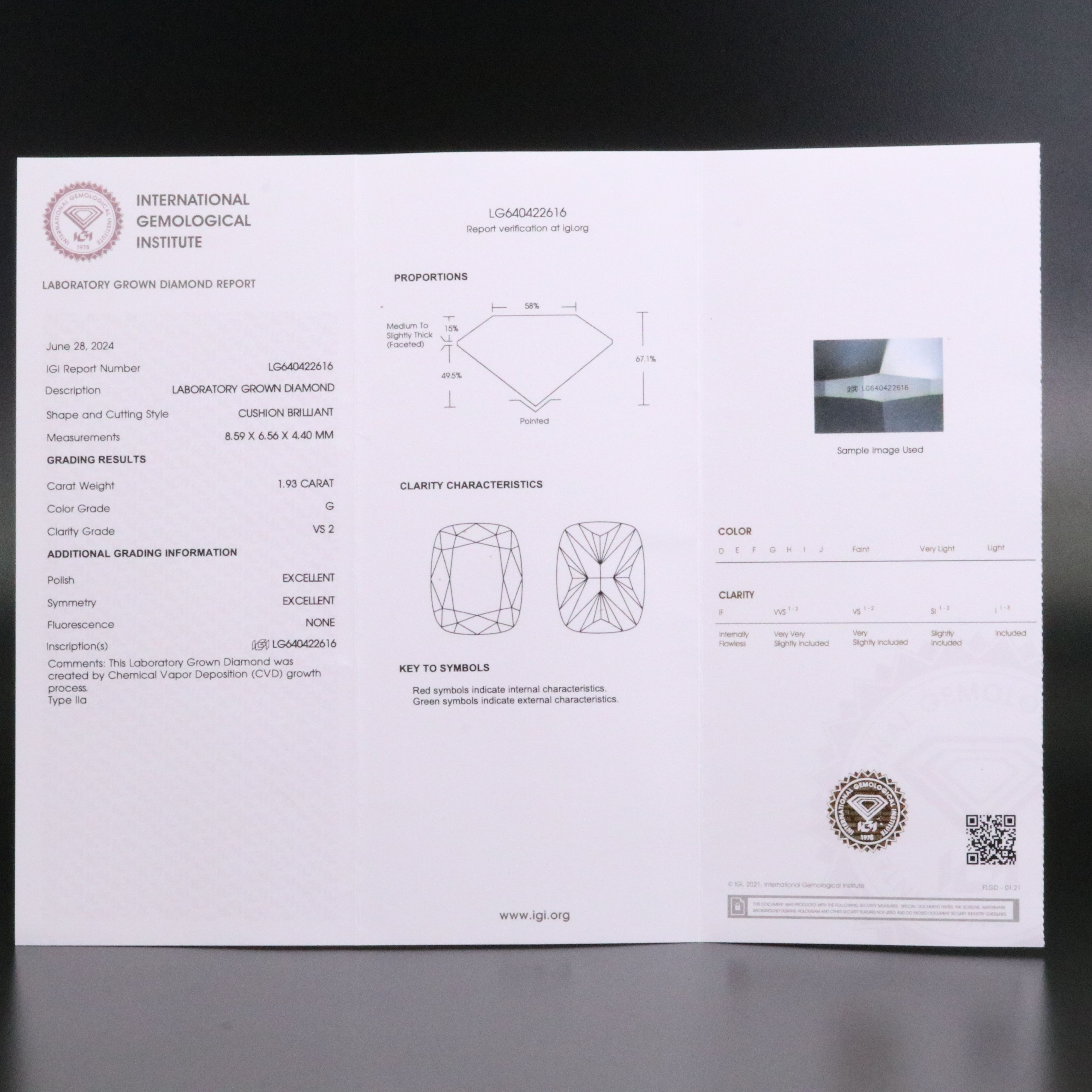 Loose 1.93 CT Lab Grown Diamond with IGI Report