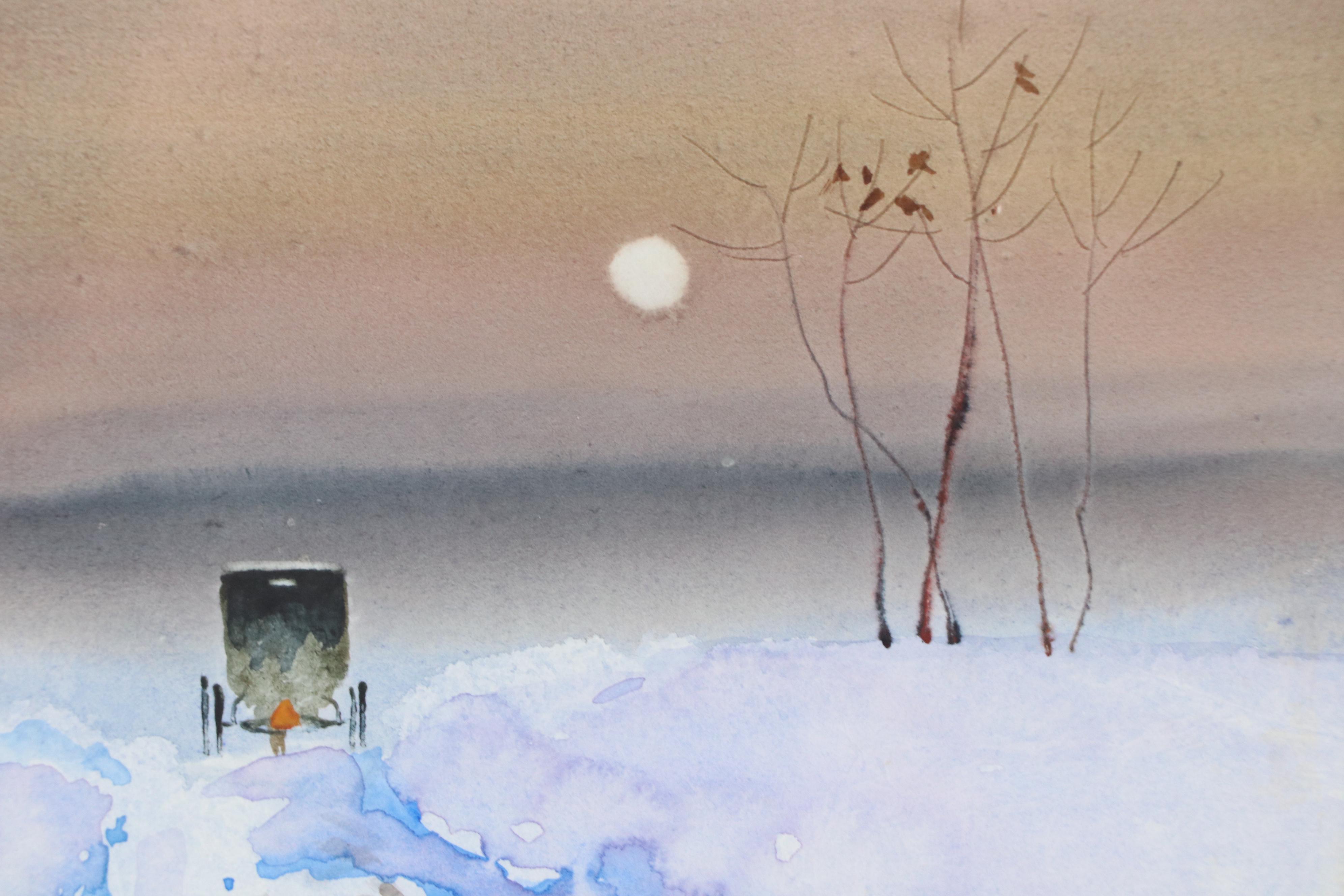 Roger Haas Watercolor Painting of Snowy Landscape With Buggy
