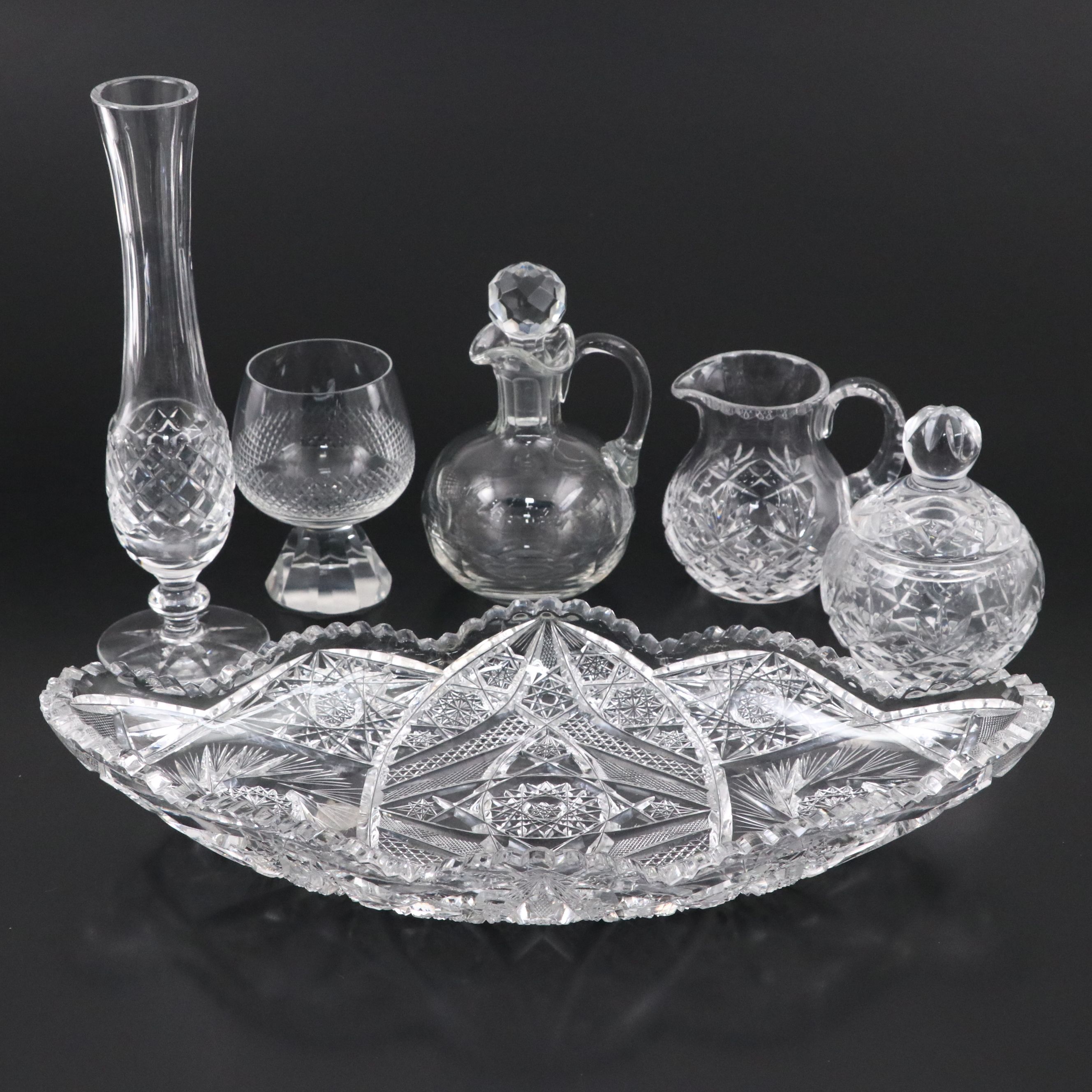 American Brilliant Cut Crystal Celery Dish with Cruet and Other Crystal Décor