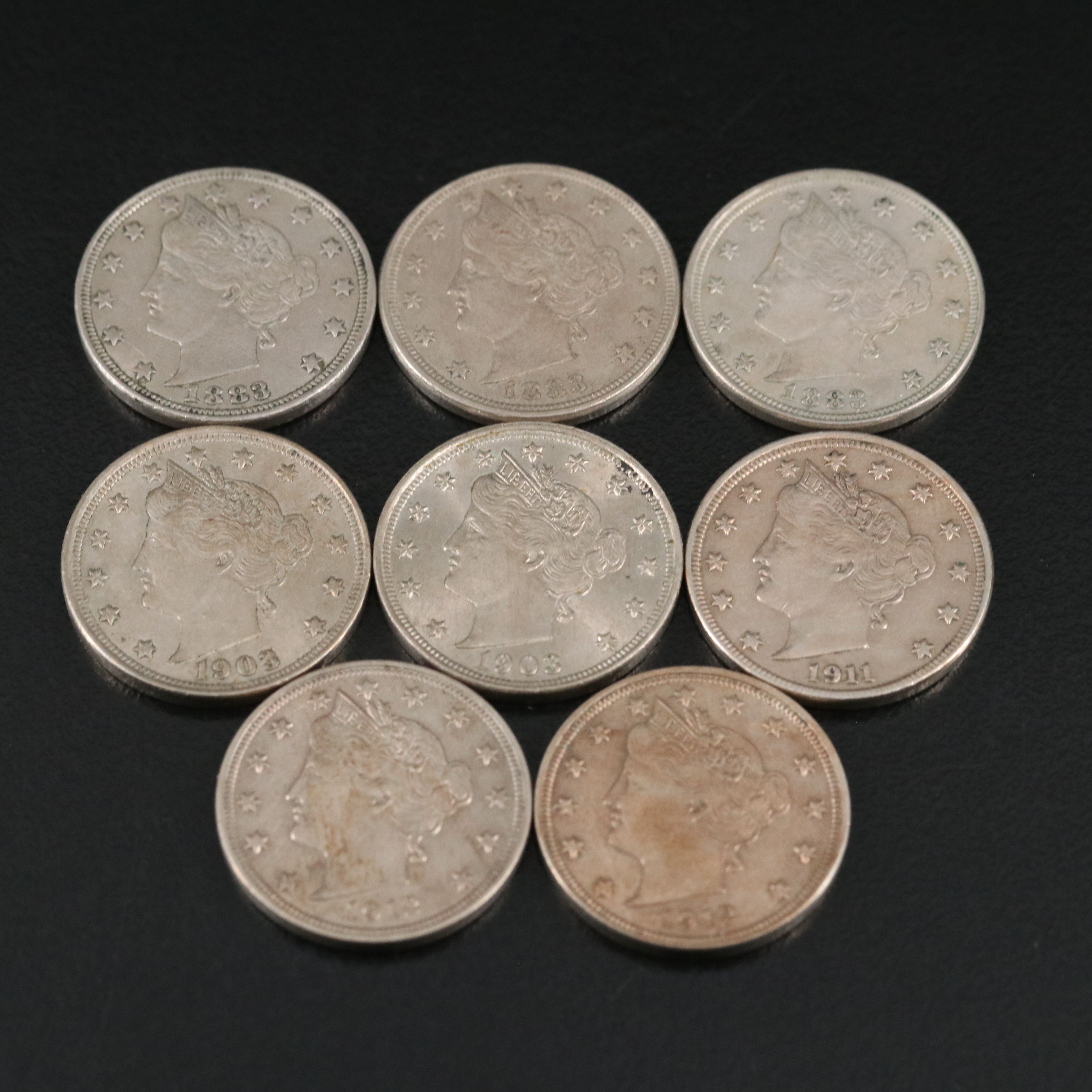 Eight Liberty Nickels with Light Wear