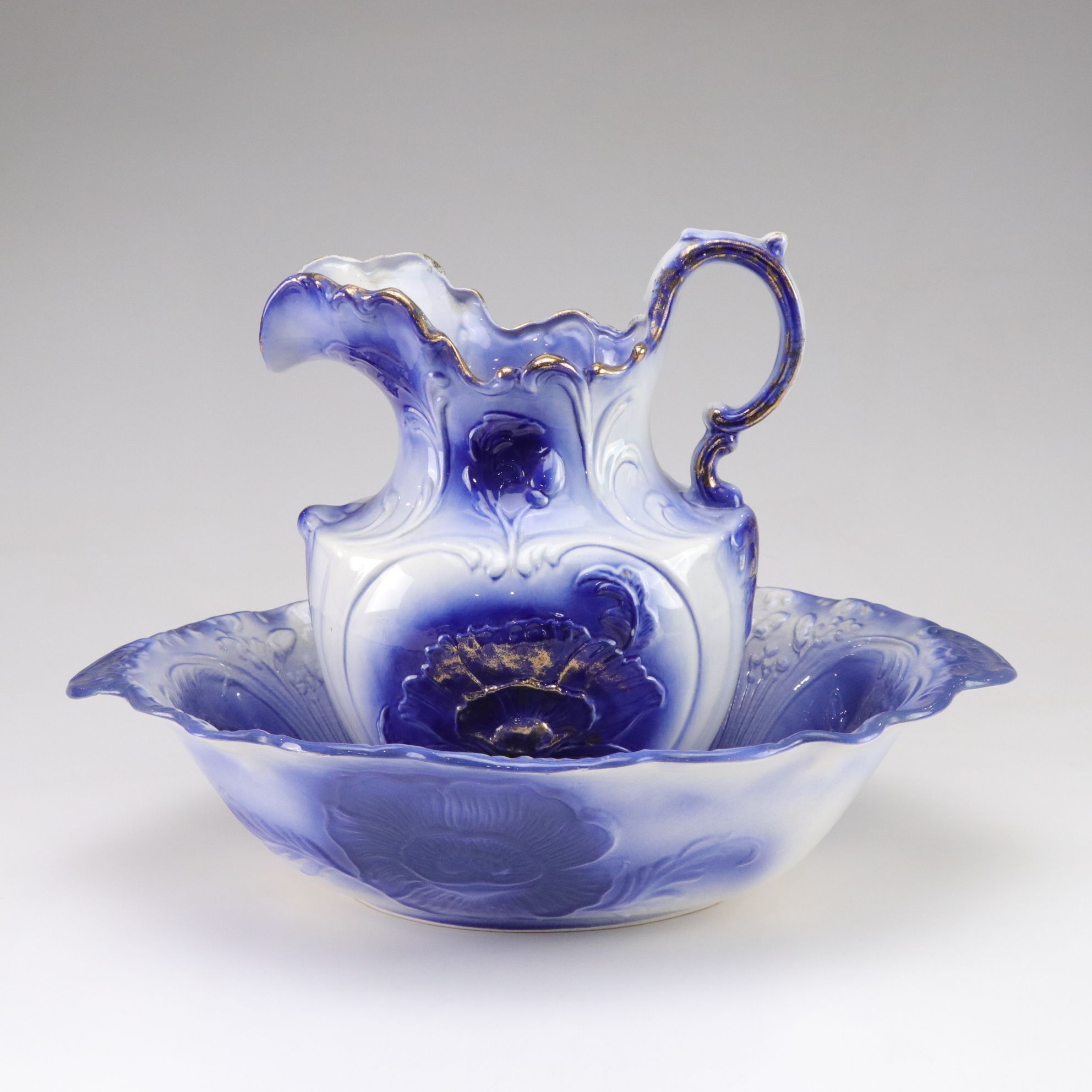 Porcelain Water Pitcher & Wash Basin with Gilt Accents