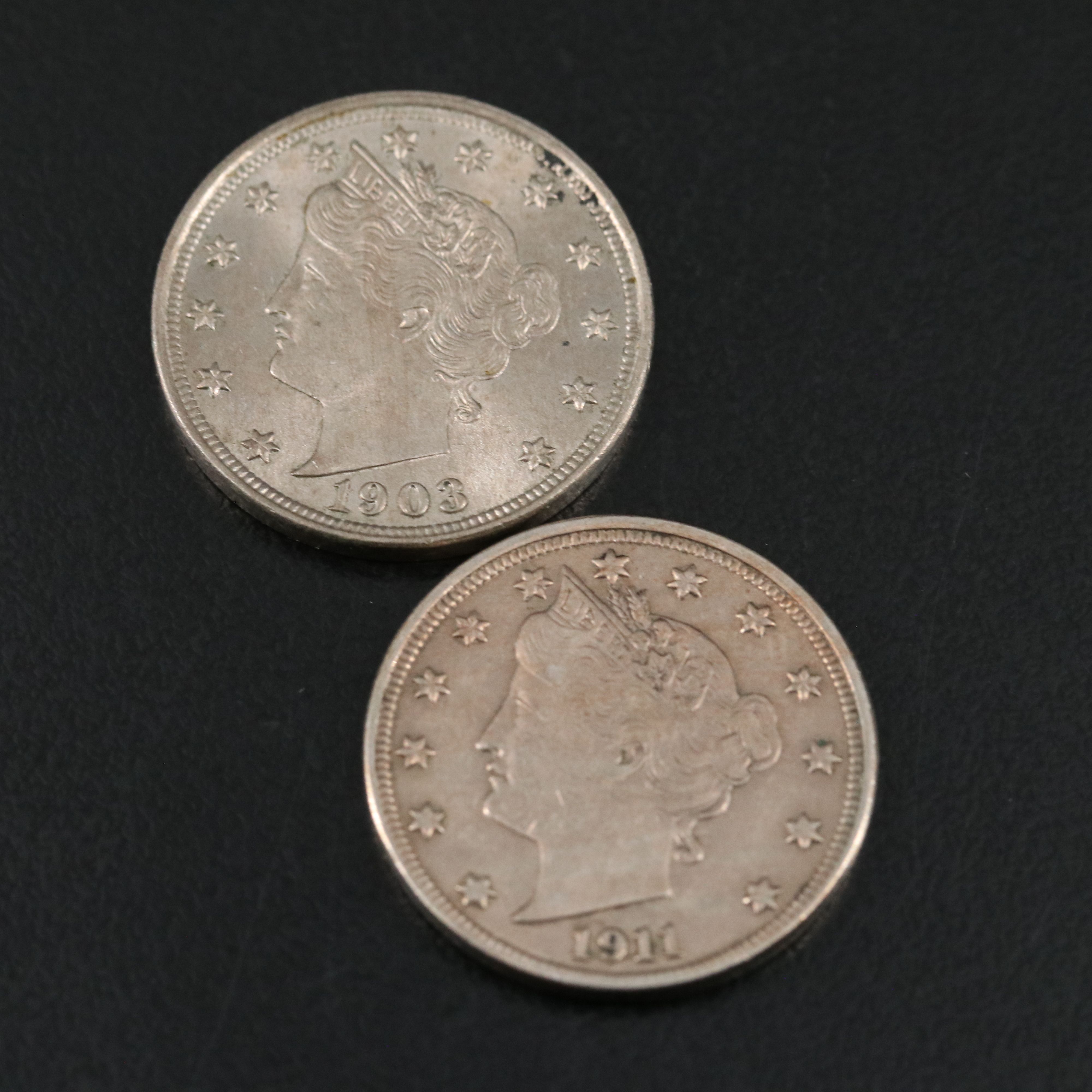 Eight Liberty Nickels with Light Wear