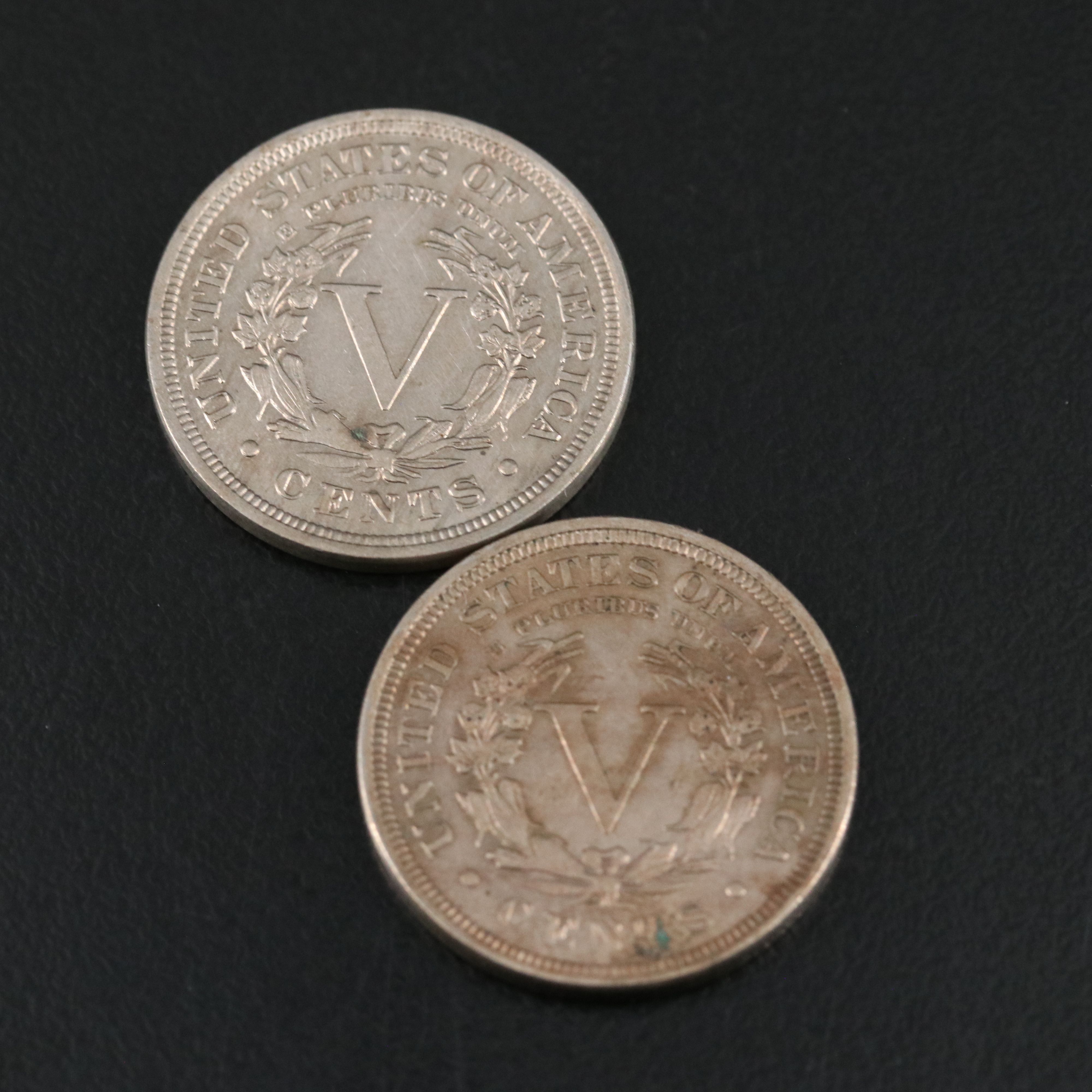 Eight Liberty Nickels with Light Wear