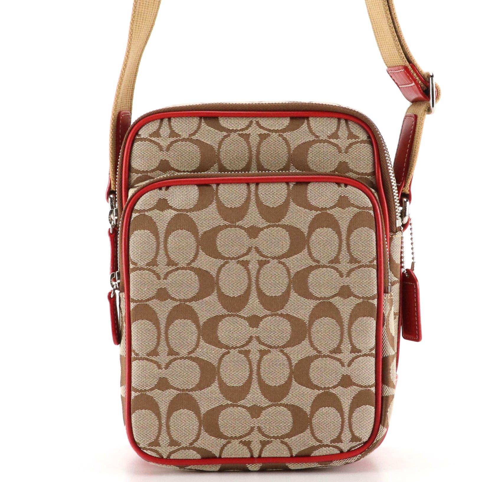 Coach Signature Canvas Sling Bag with Red Leather Trim