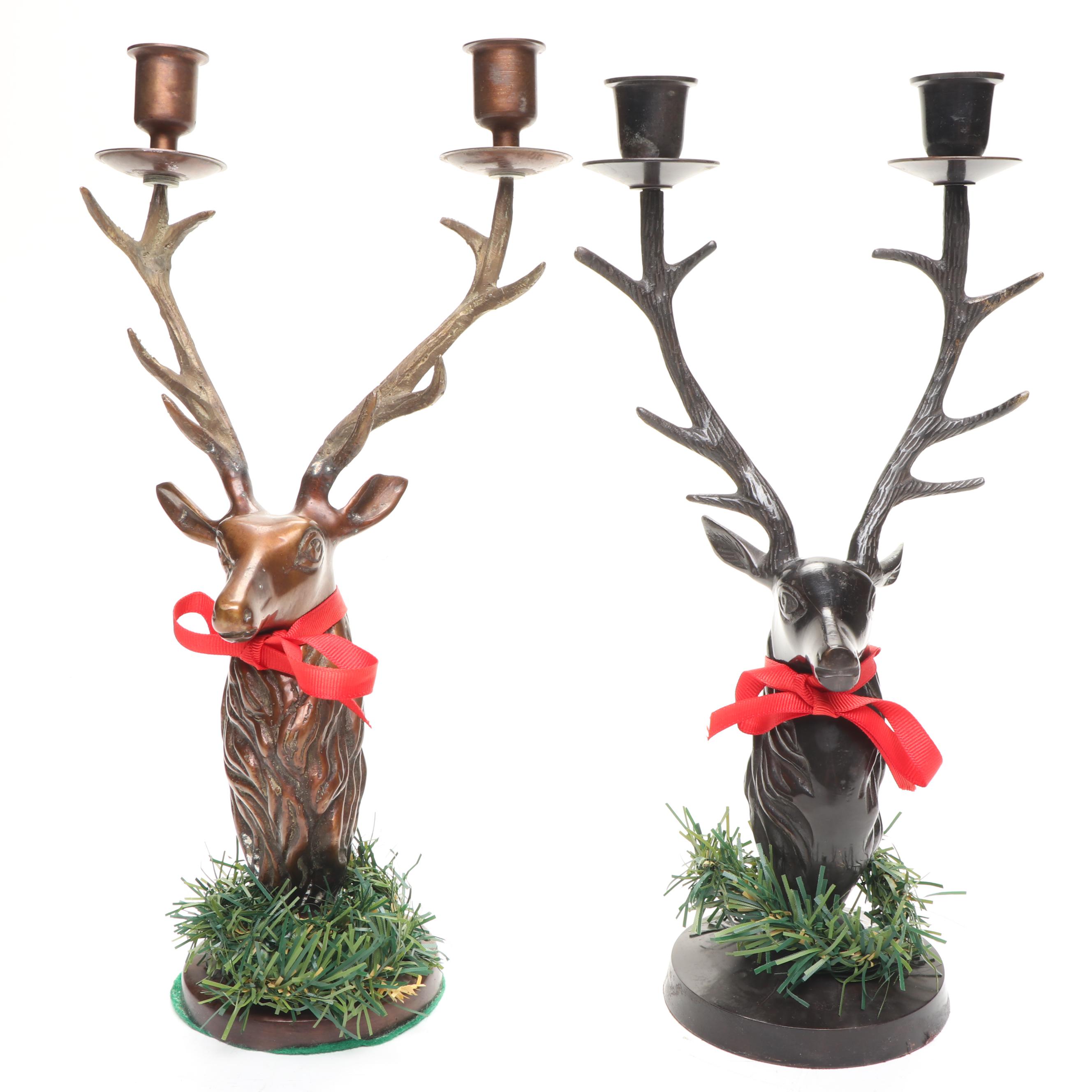 Bronzed Metal and Brass Reindeer Candle Holders
