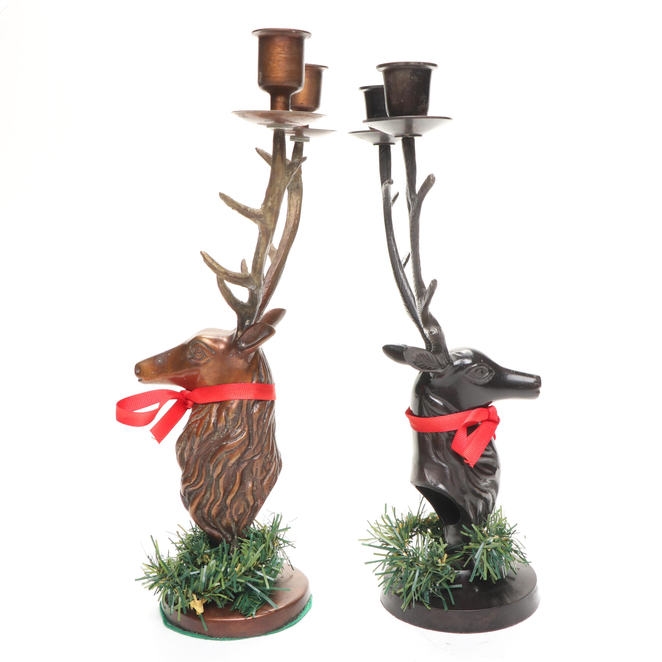 Bronzed Metal and Brass Reindeer Candle Holders