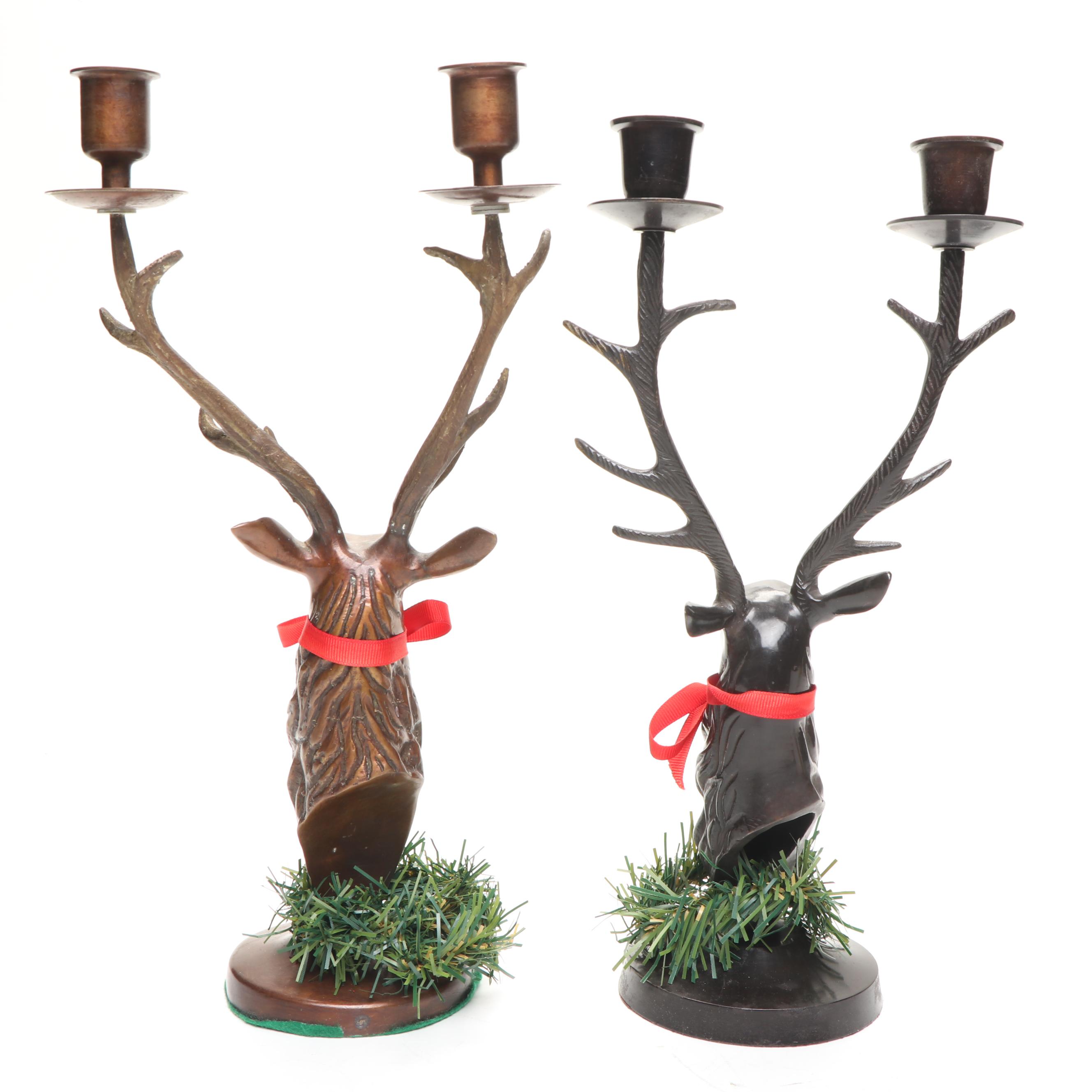 Bronzed Metal and Brass Reindeer Candle Holders