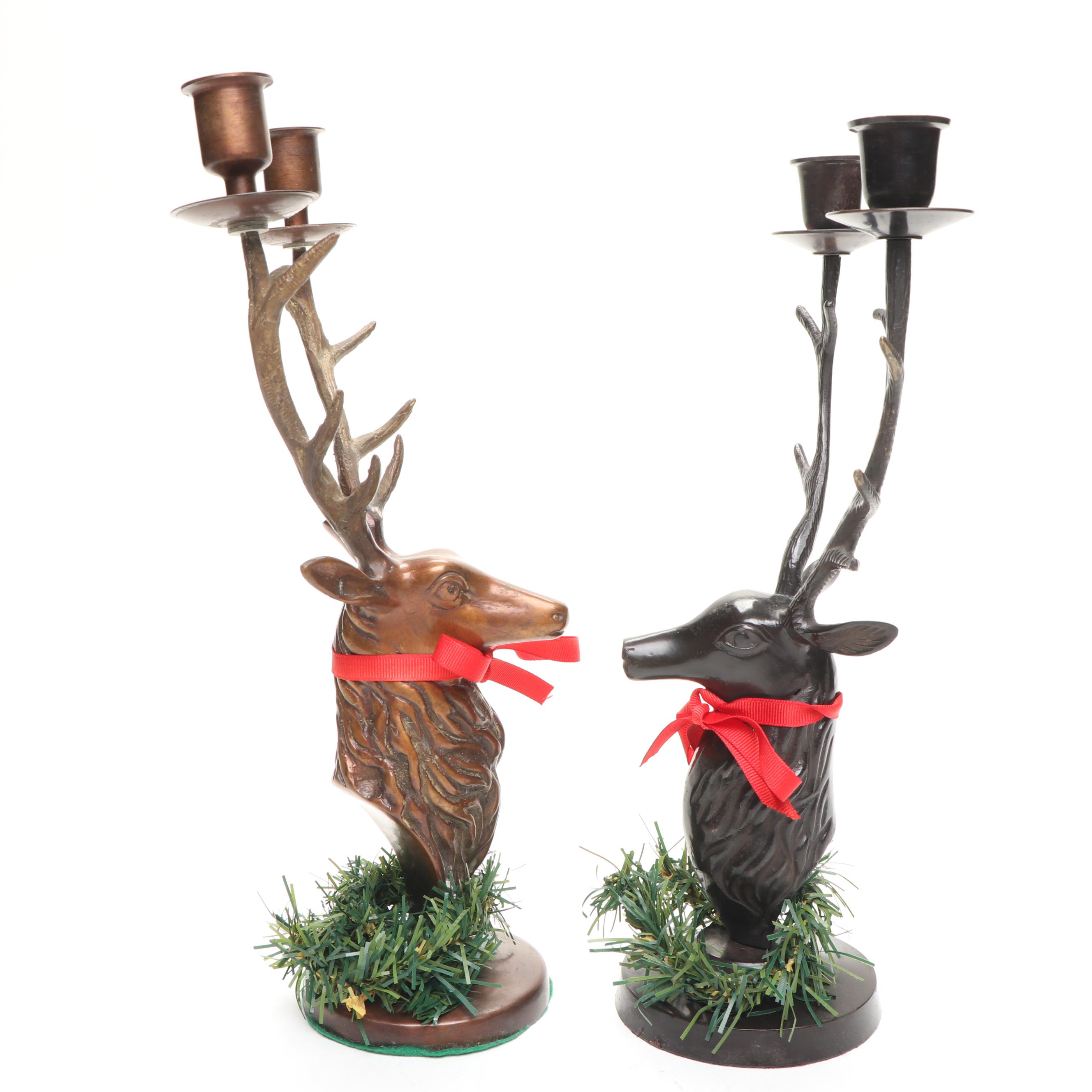Bronzed Metal and Brass Reindeer Candle Holders