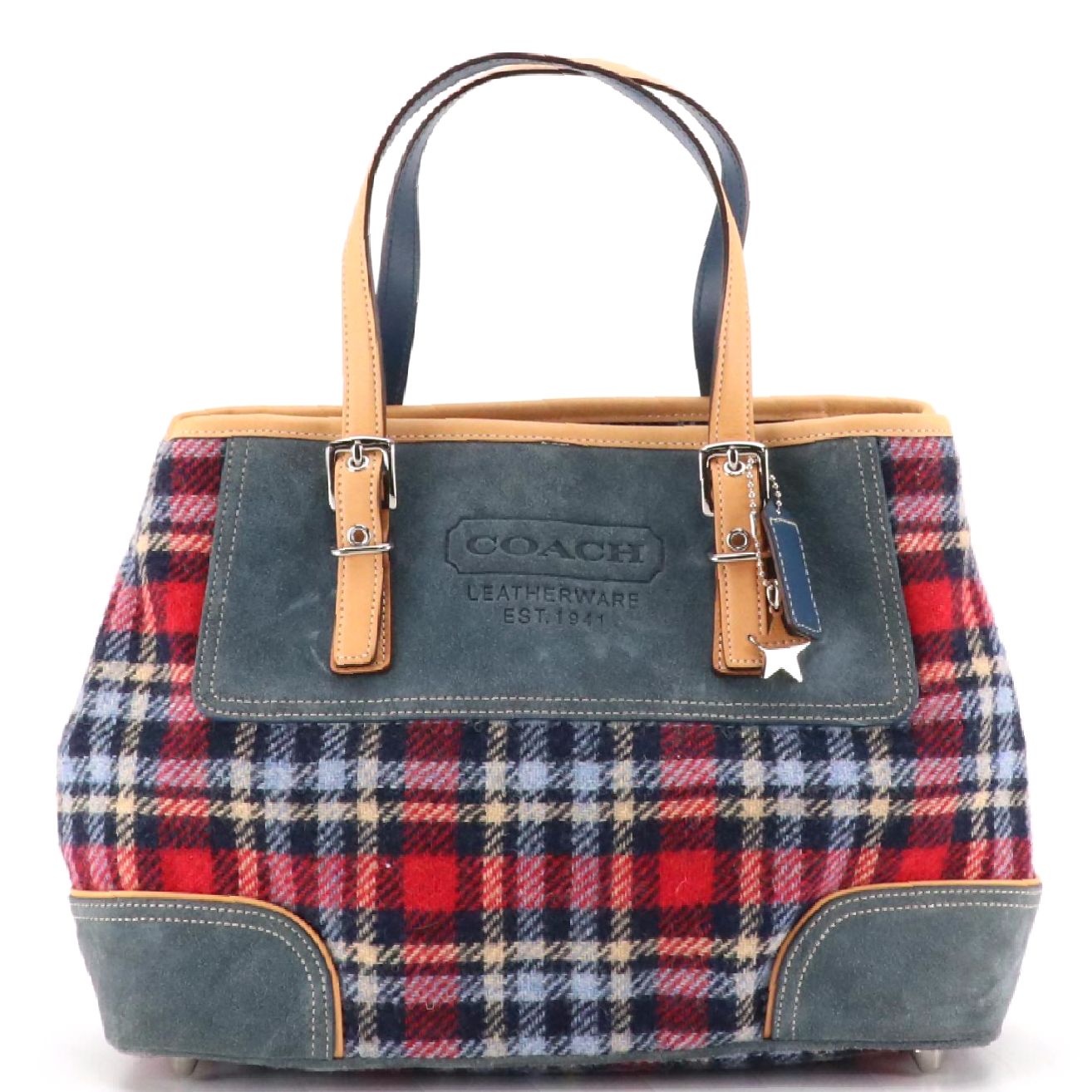 Coach Hampton Tote in Plaid Wool and Steel Blue Suede