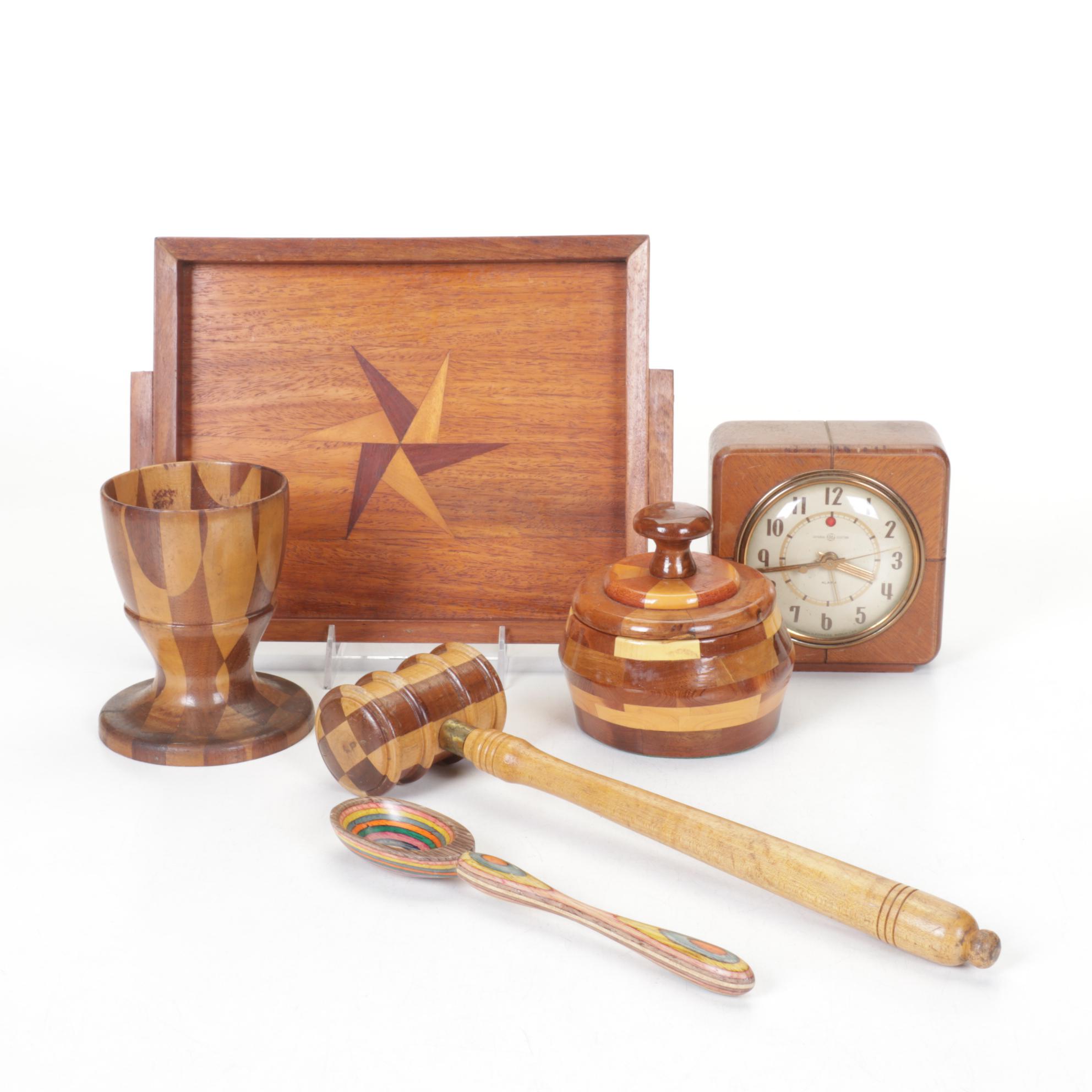 Checkered Wood Box, Mortar & Other Kitchen Tools