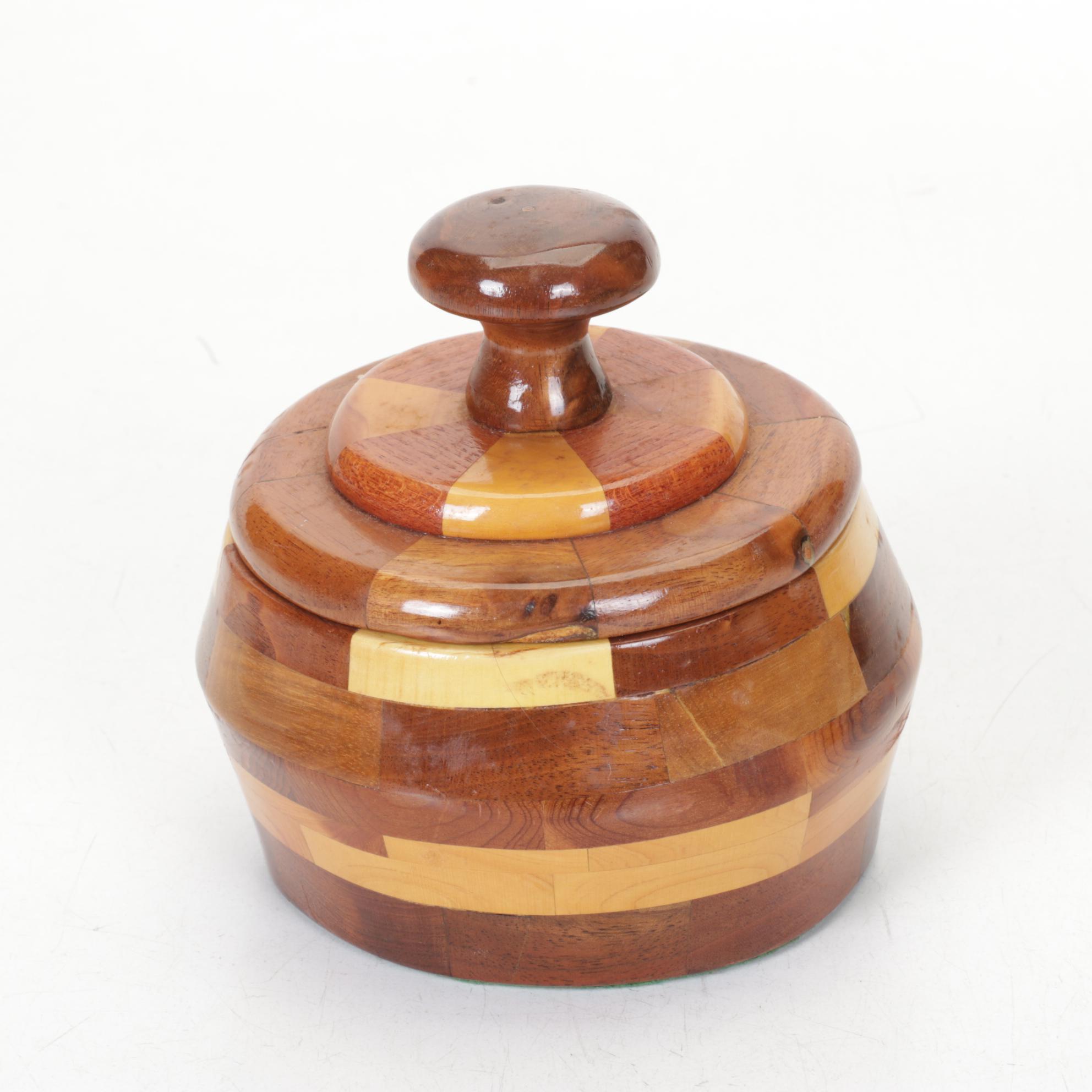 Checkered Wood Box, Mortar & Other Kitchen Tools