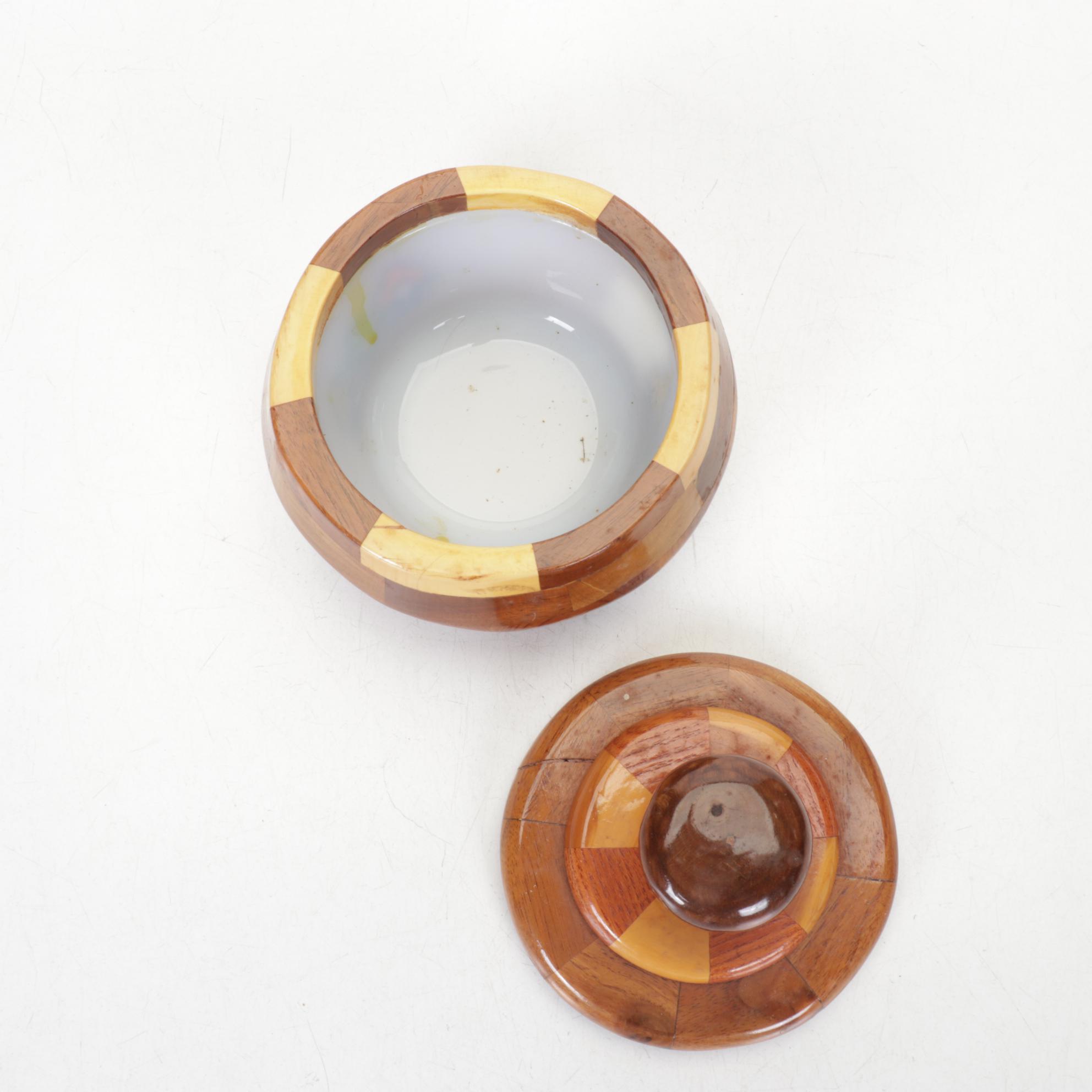 Checkered Wood Box, Mortar & Other Kitchen Tools