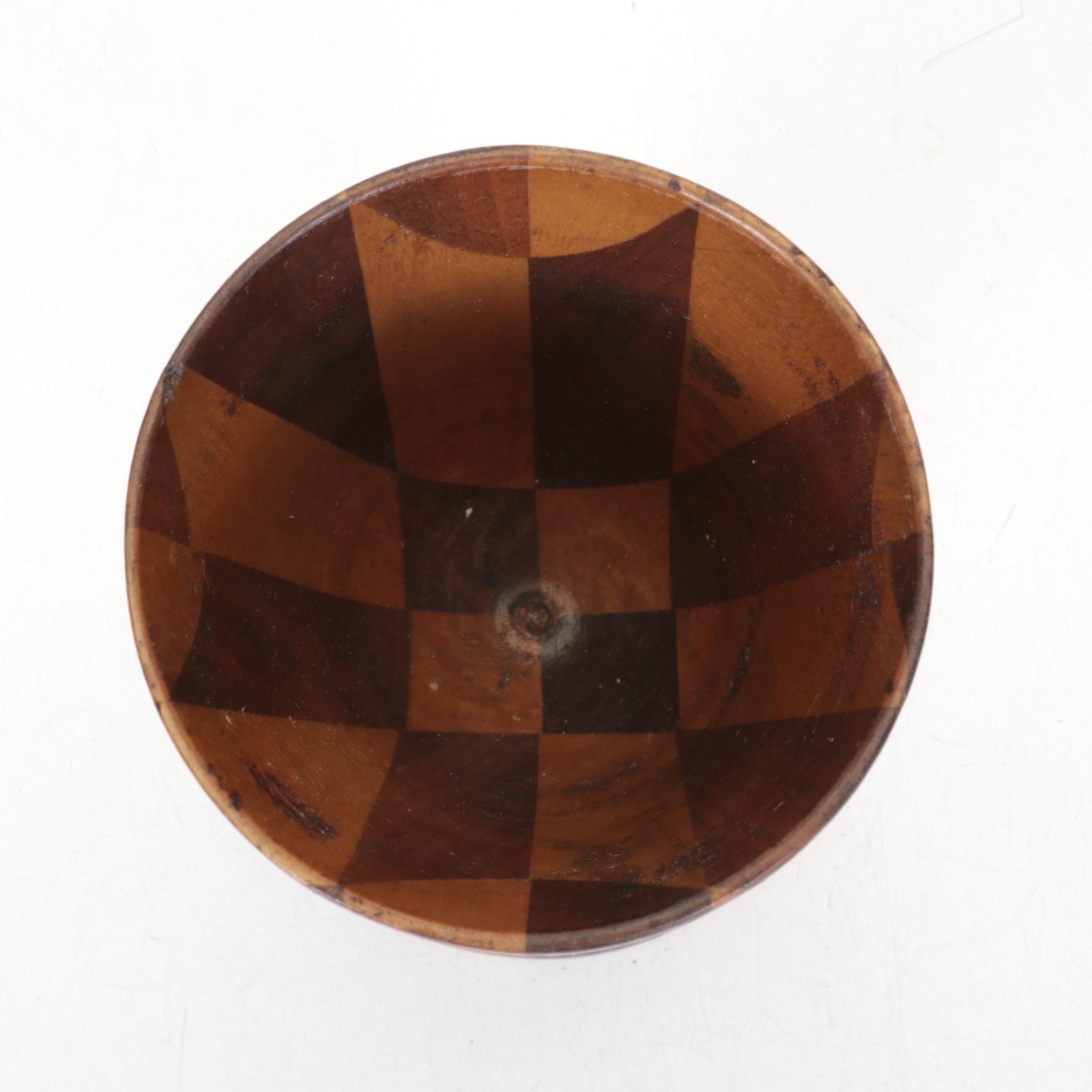 Checkered Wood Box, Mortar & Other Kitchen Tools