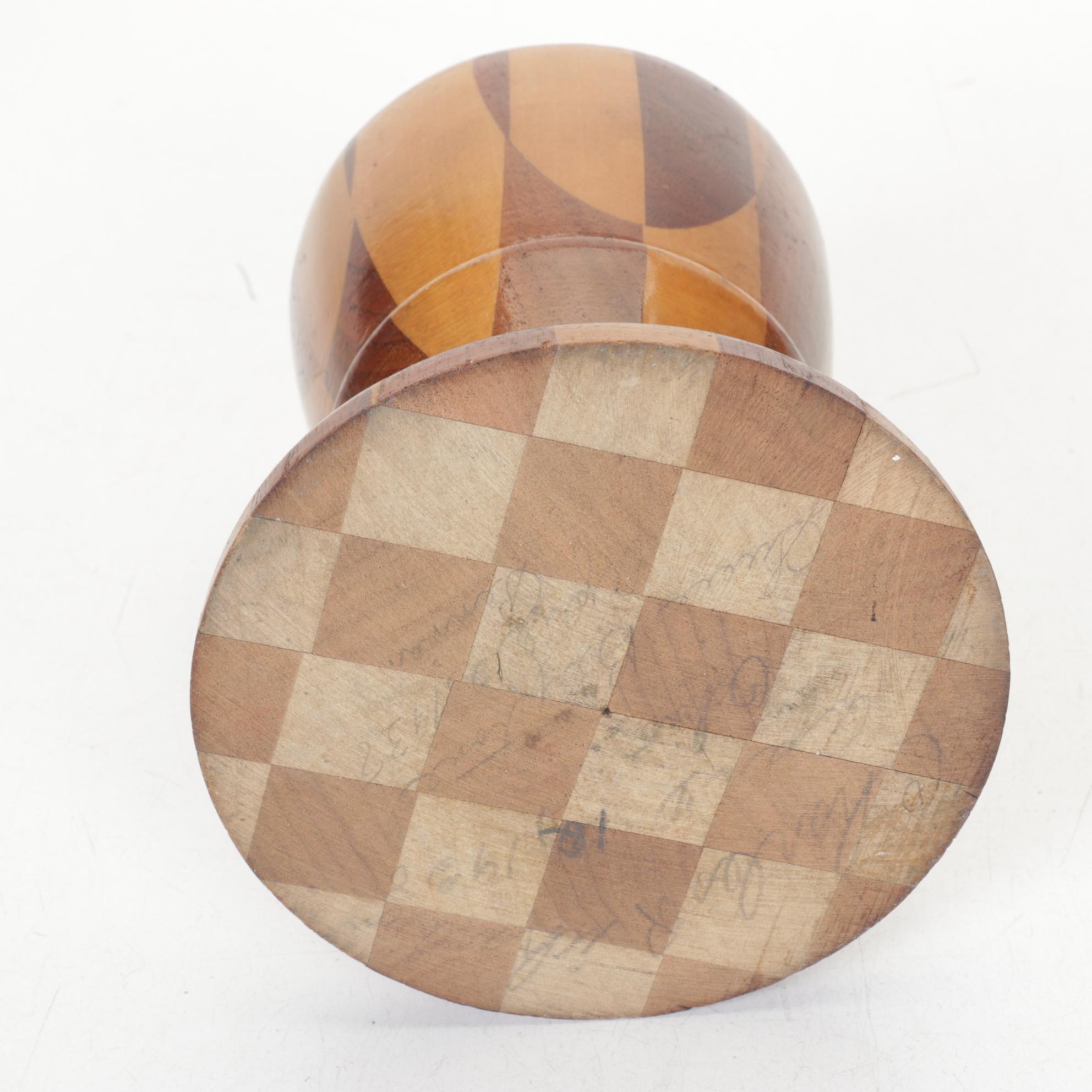 Checkered Wood Box, Mortar & Other Kitchen Tools