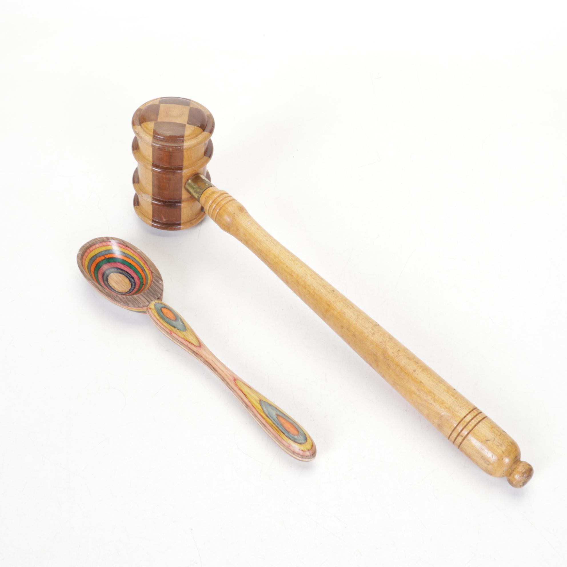 Checkered Wood Box, Mortar & Other Kitchen Tools