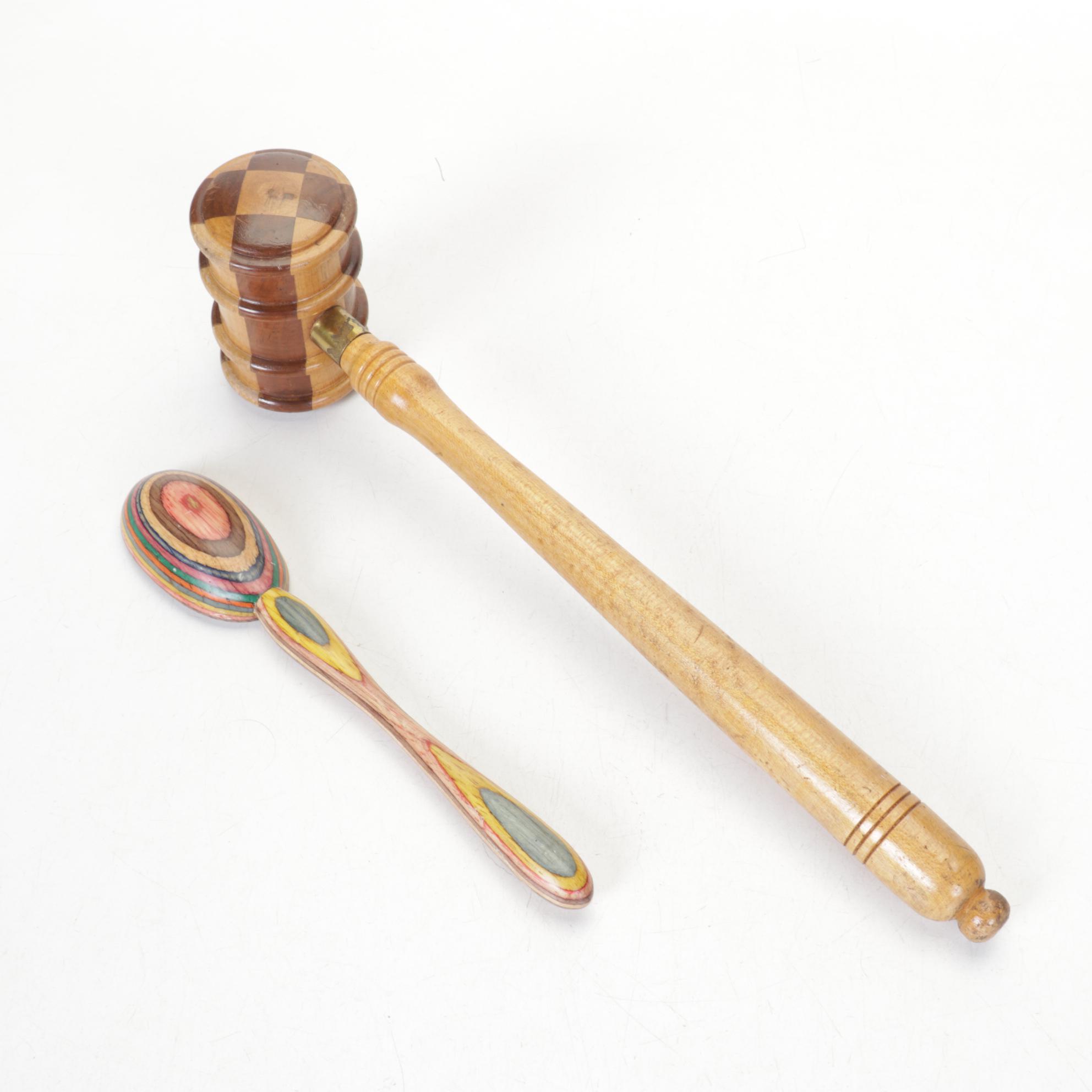 Checkered Wood Box, Mortar & Other Kitchen Tools