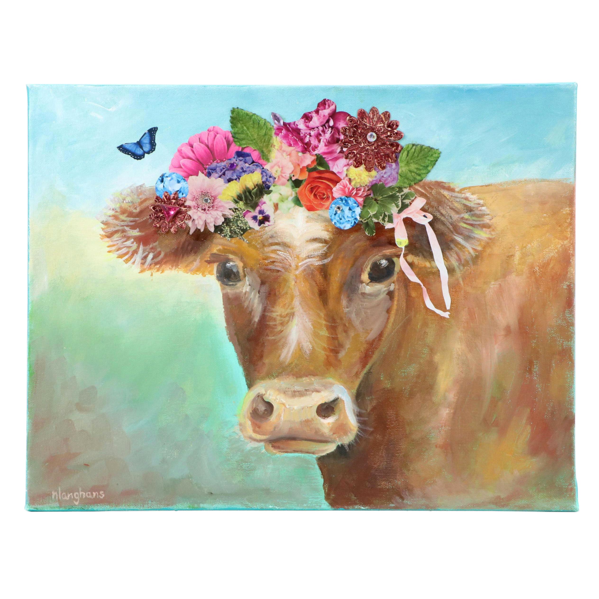 N. Langhans Cow Portrait Mixed Media Acrylic Painting "Beulah," 2019