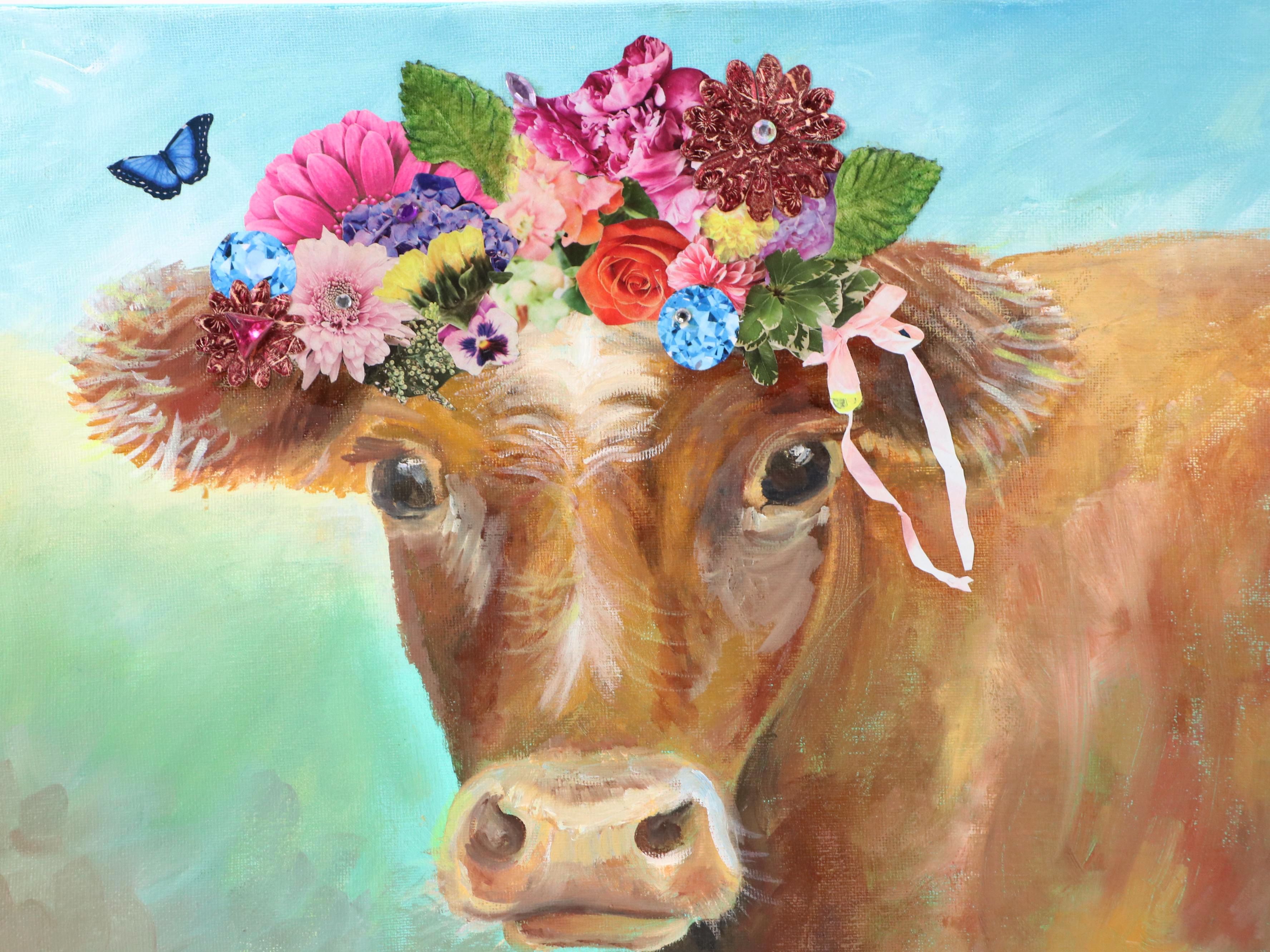 N. Langhans Cow Portrait Mixed Media Acrylic Painting "Beulah," 2019
