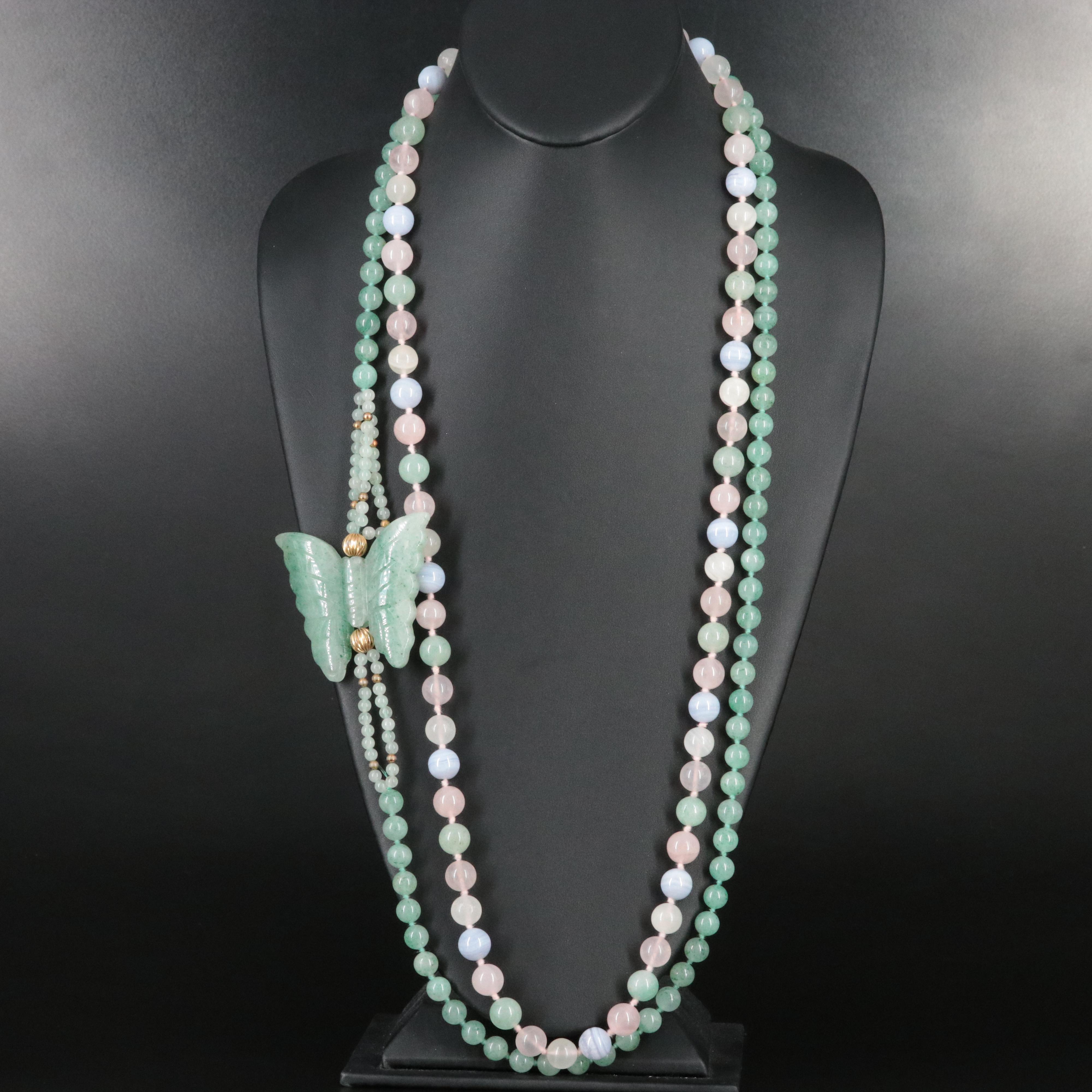 B Lace Agate, Aventurine, Agate and Rose Quartz Bead and Butterfly Necklaces