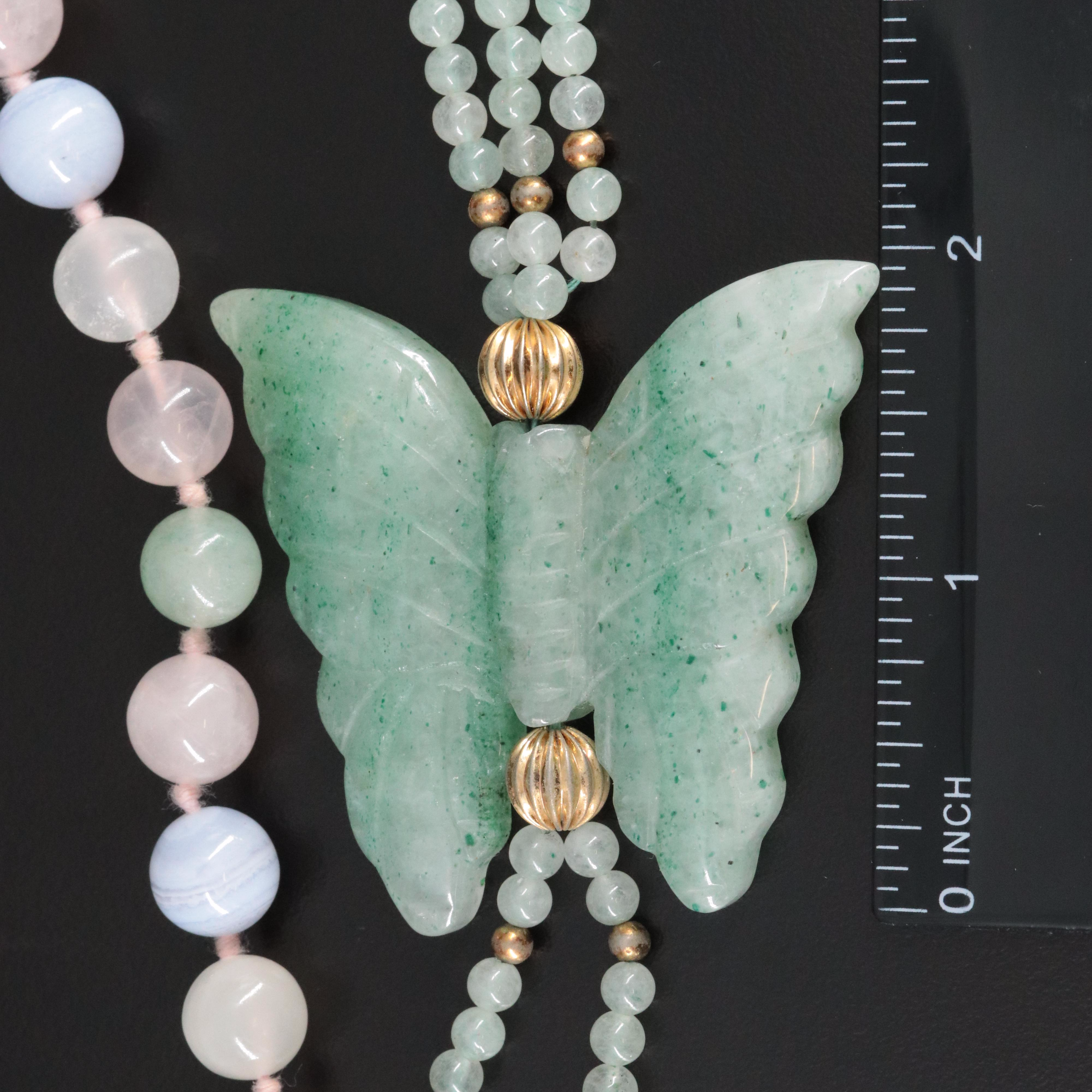 B Lace Agate, Aventurine, Agate and Rose Quartz Bead and Butterfly Necklaces