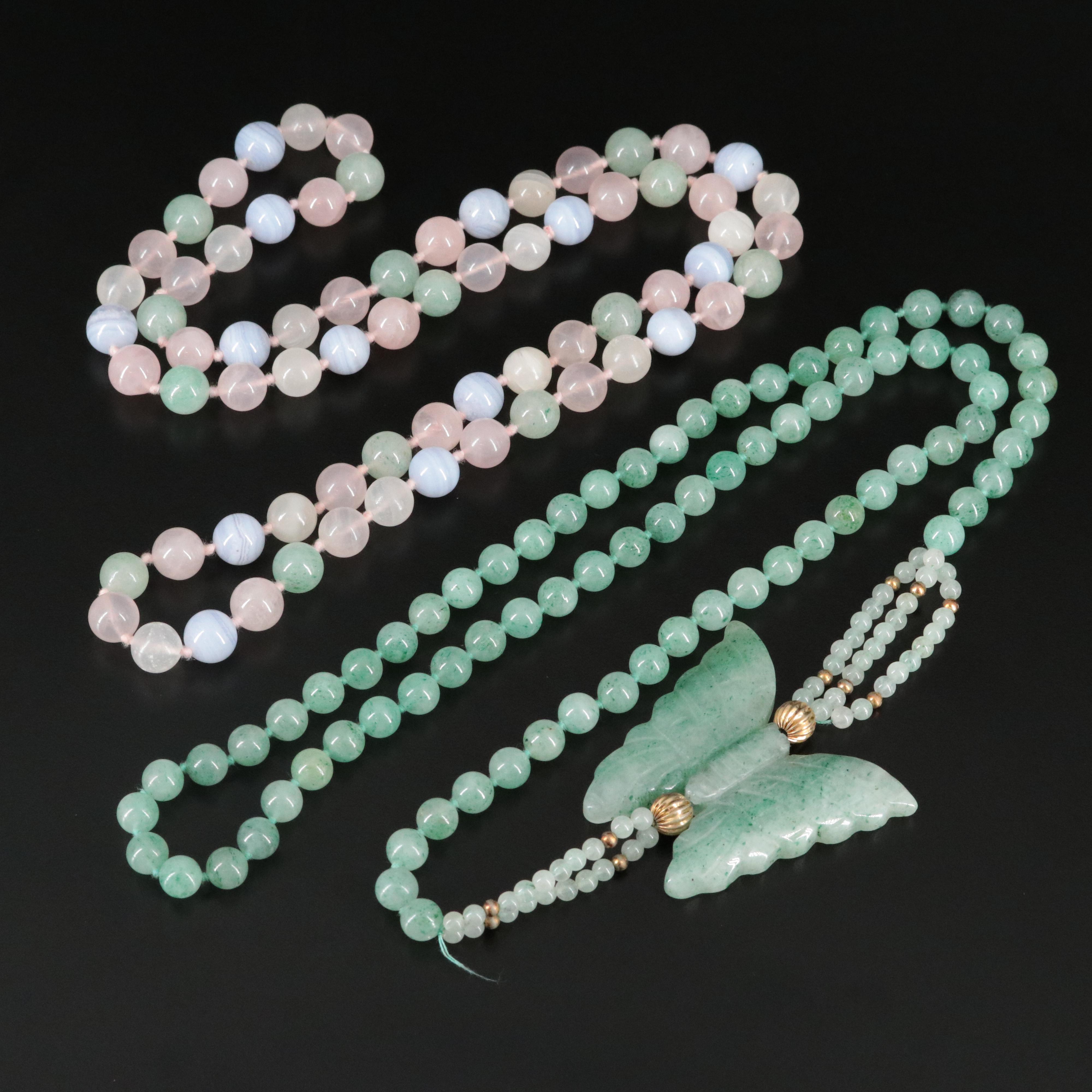 B Lace Agate, Aventurine, Agate and Rose Quartz Bead and Butterfly Necklaces