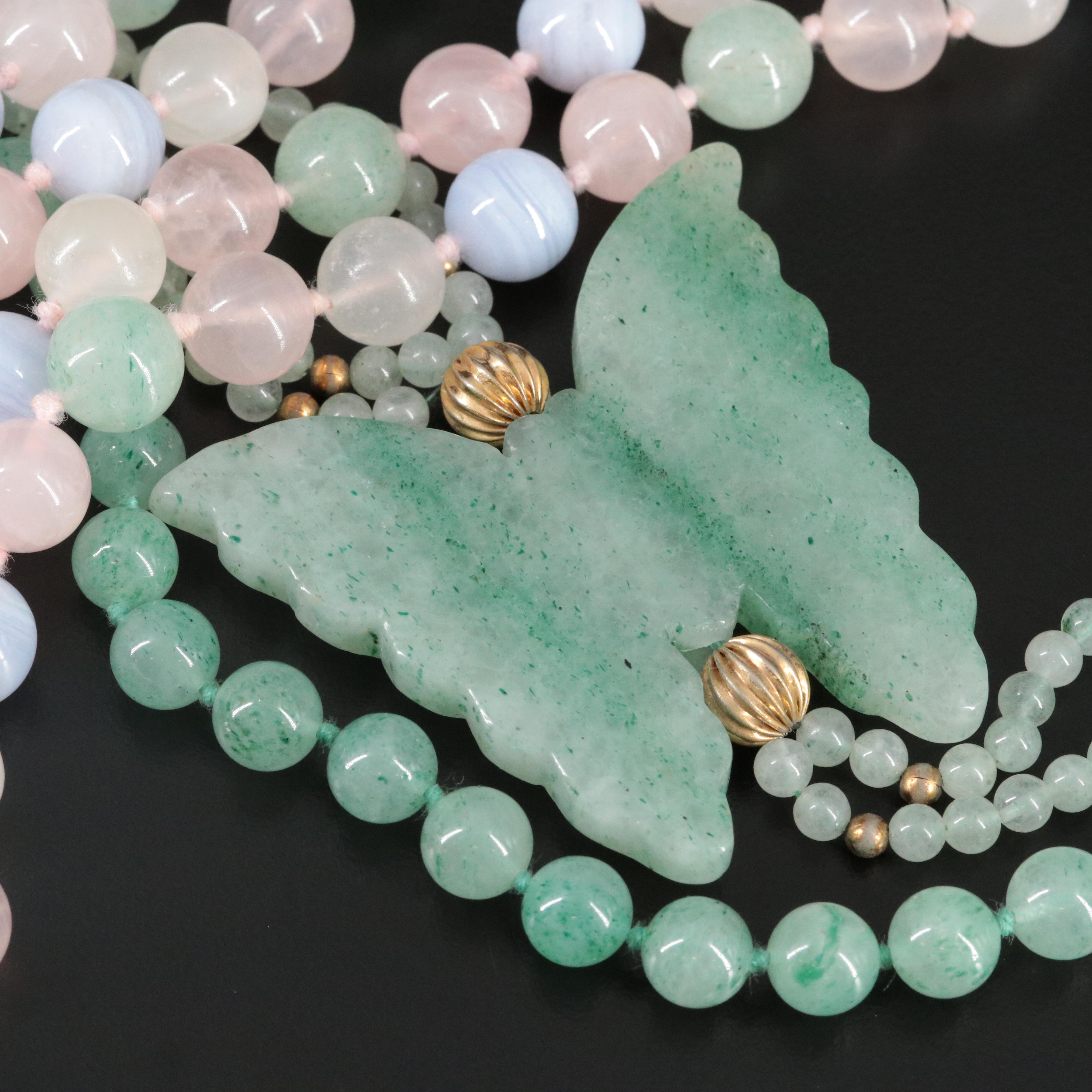 B Lace Agate, Aventurine, Agate and Rose Quartz Bead and Butterfly Necklaces