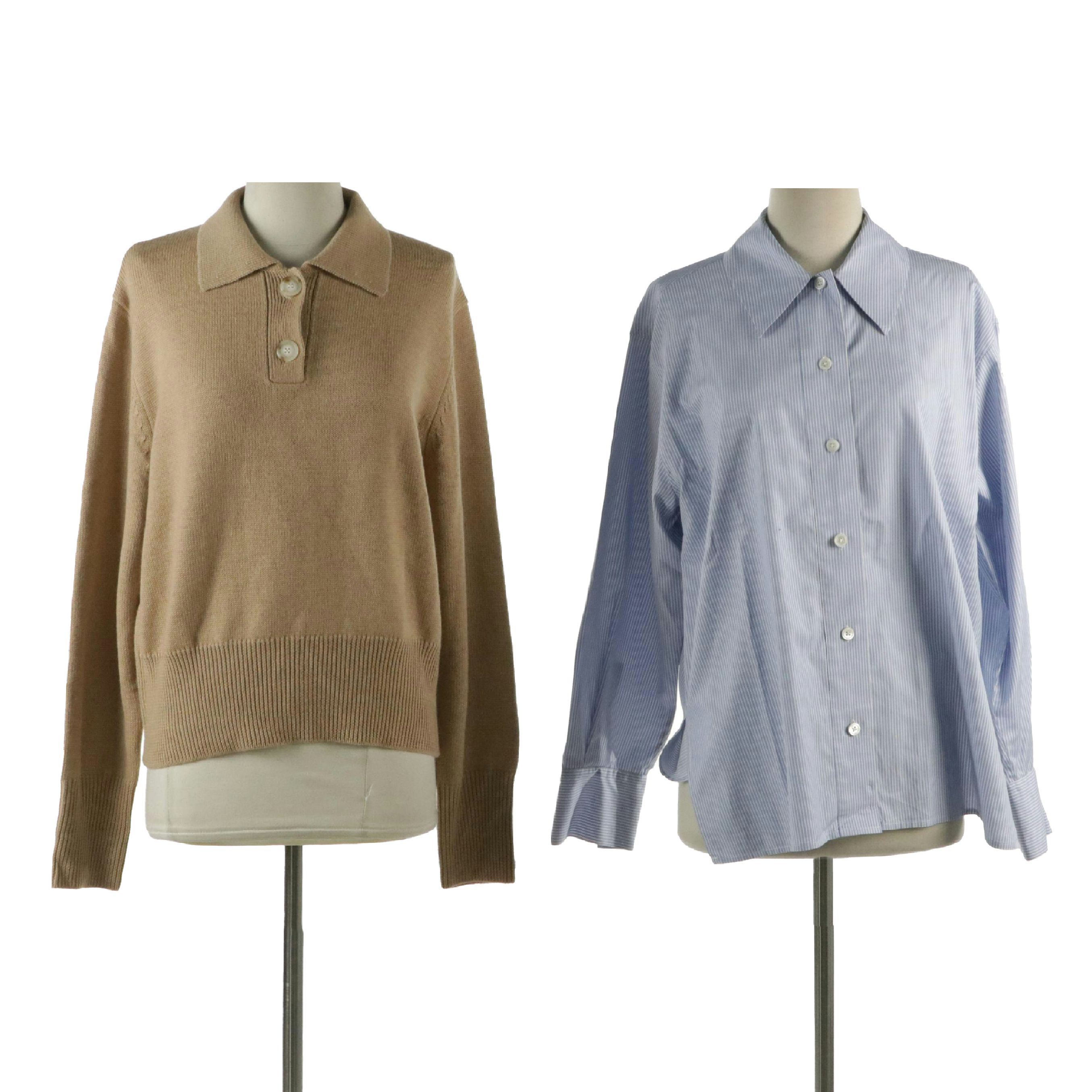 Equipment Femme Blue Striped Cotton Blouse, Lee Matthews Beige Wool Knit Sweater