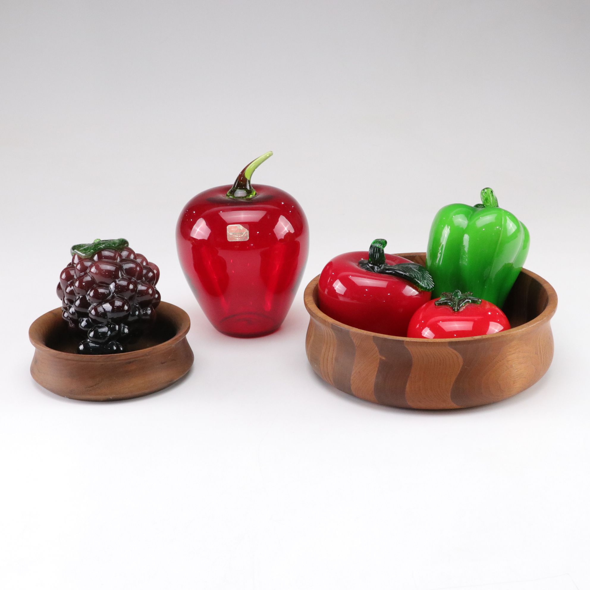 Viking Blown Glass Bell Apple, Tomato & More with Carved Wood Bowls