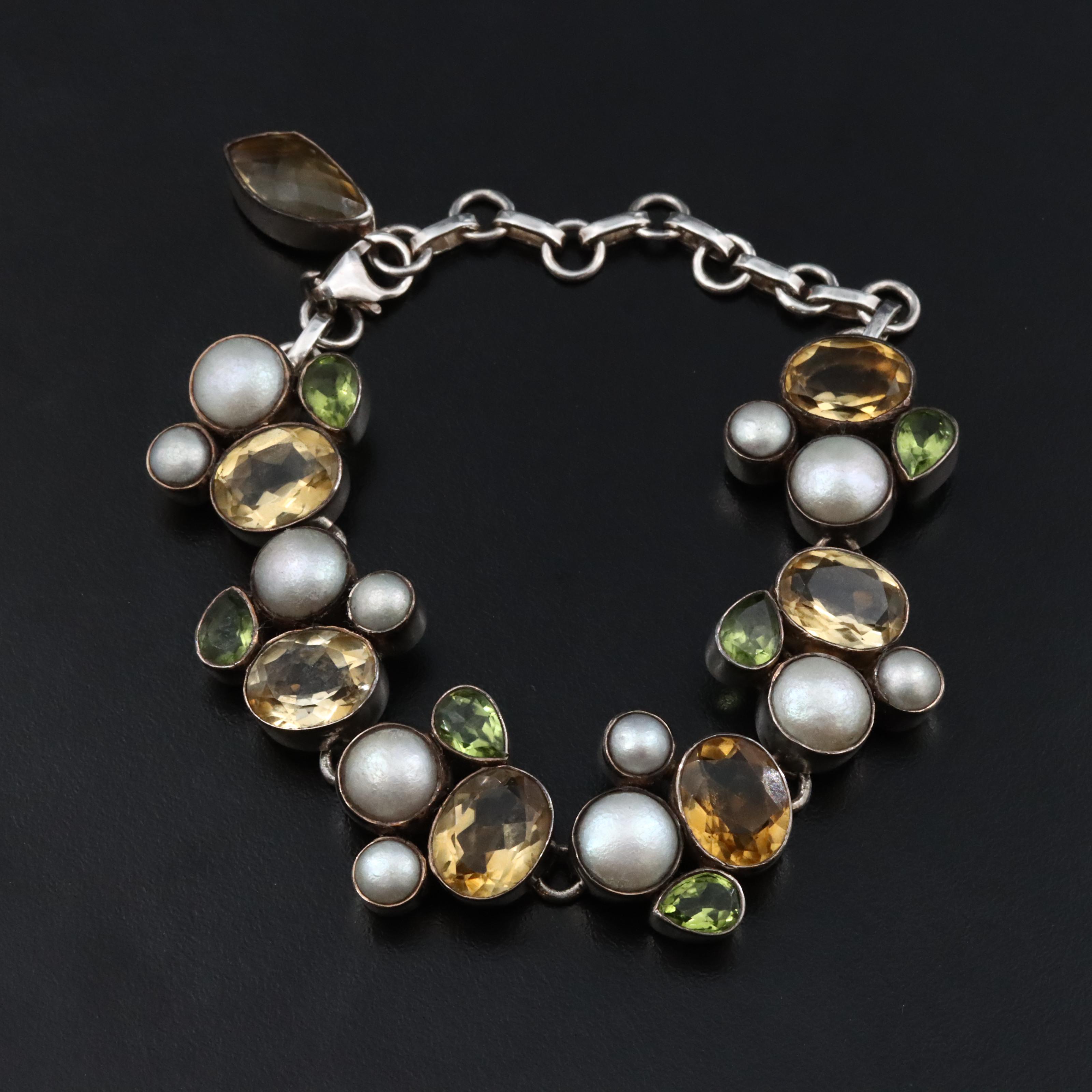 Sterling Pearl, Citrine and Peridot Bracelet