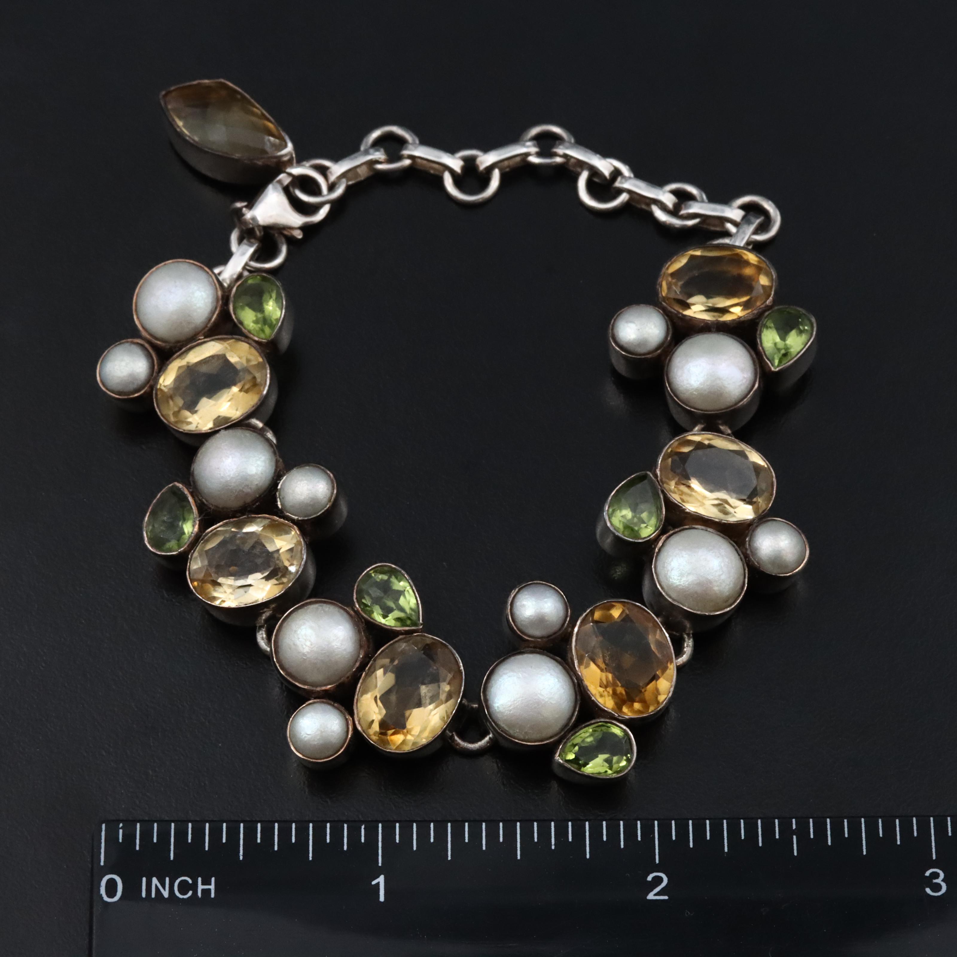 Sterling Pearl, Citrine and Peridot Bracelet
